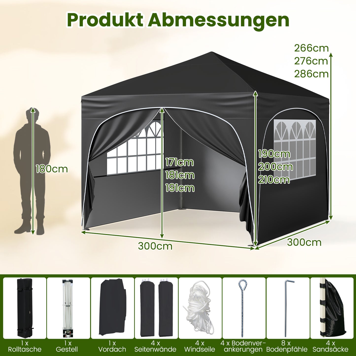 LIVSK Opvouwbare Overkappingstent - Pop-upstructuur - 4 Afneembare Zijwanden - Inclusief Haringen en Ankers - 300 x 300 x 286 cm