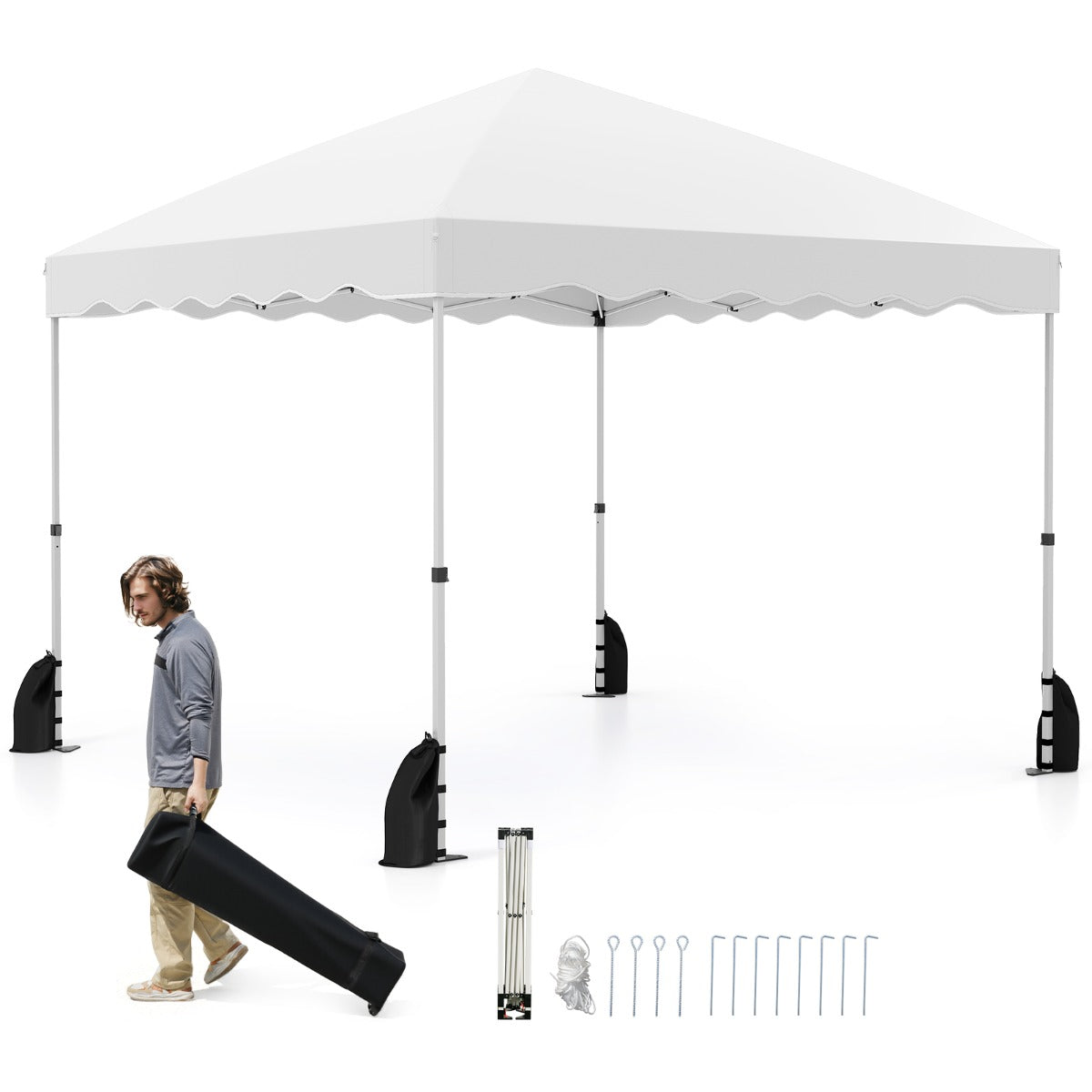 LIVSK Pop-up Luifel Tent - 3-voudig Verstelbaar - Inclusief Draagtas en Stabiliteitsaccessoires - 300 x 300 x 266-286 cm - Wit