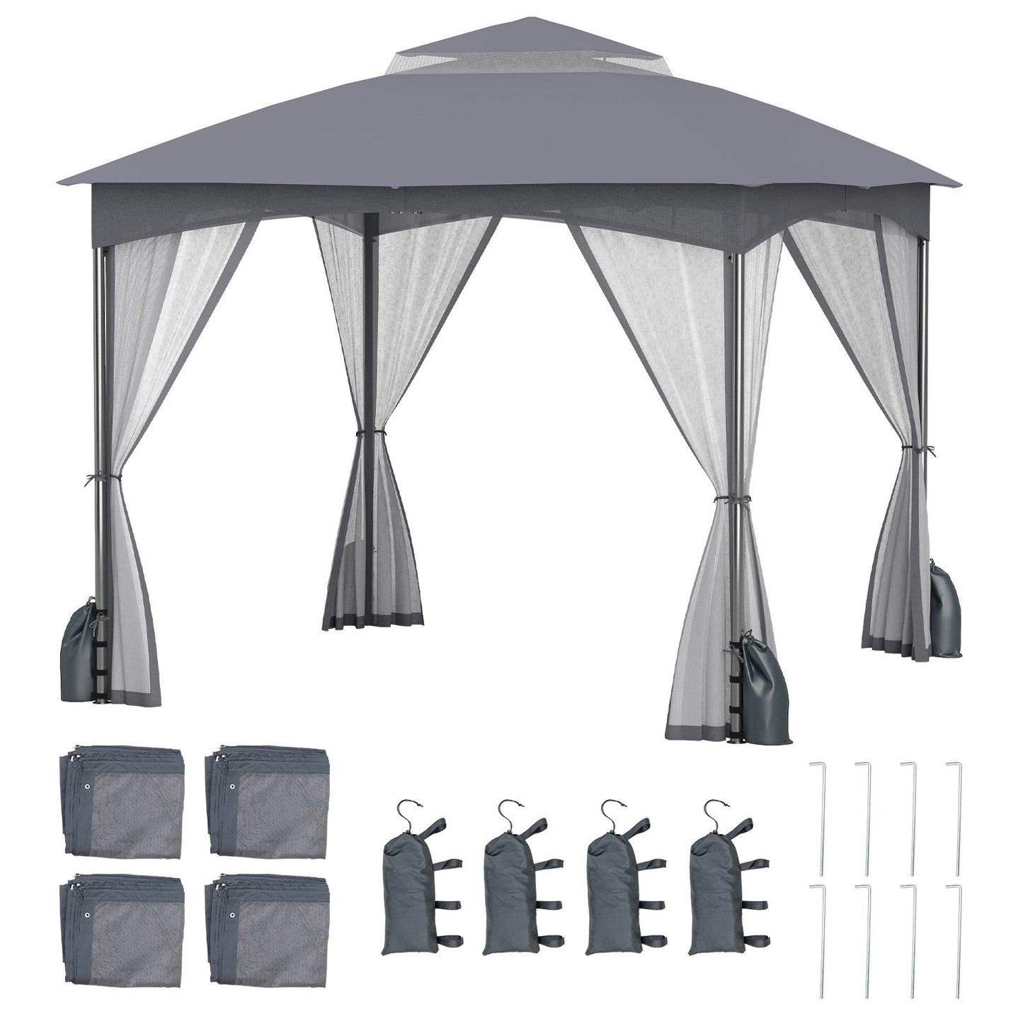 LIVSK Tuinpaviljoen met Muggennet - Waterdicht - 300 x 300 x 278 cm - Eenvoudige installatie - Met Zandzakken - Khaki