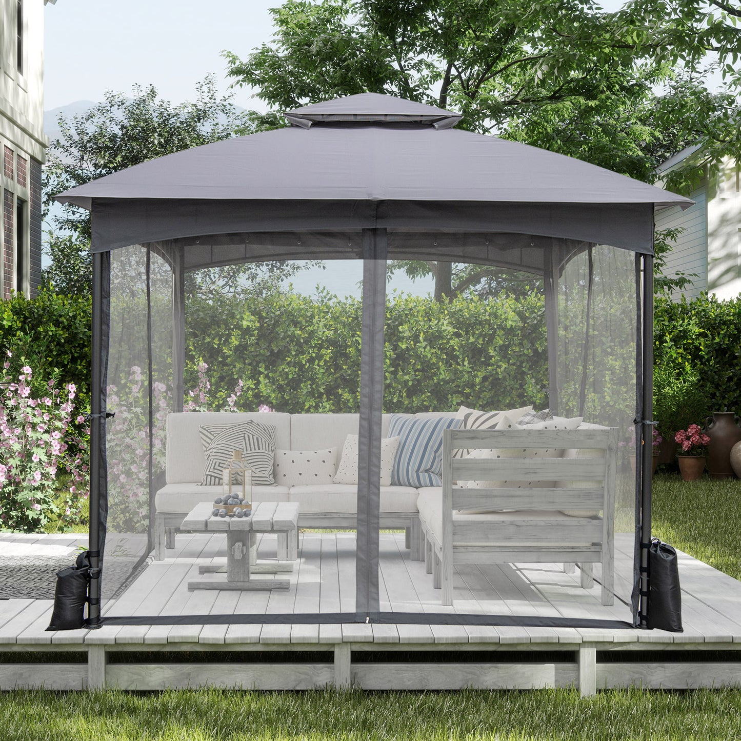 LIVSK Tuinpaviljoen met Muggennet - Waterdicht - 300 x 300 x 278 cm - Eenvoudige installatie - Met Zandzakken - Khaki
