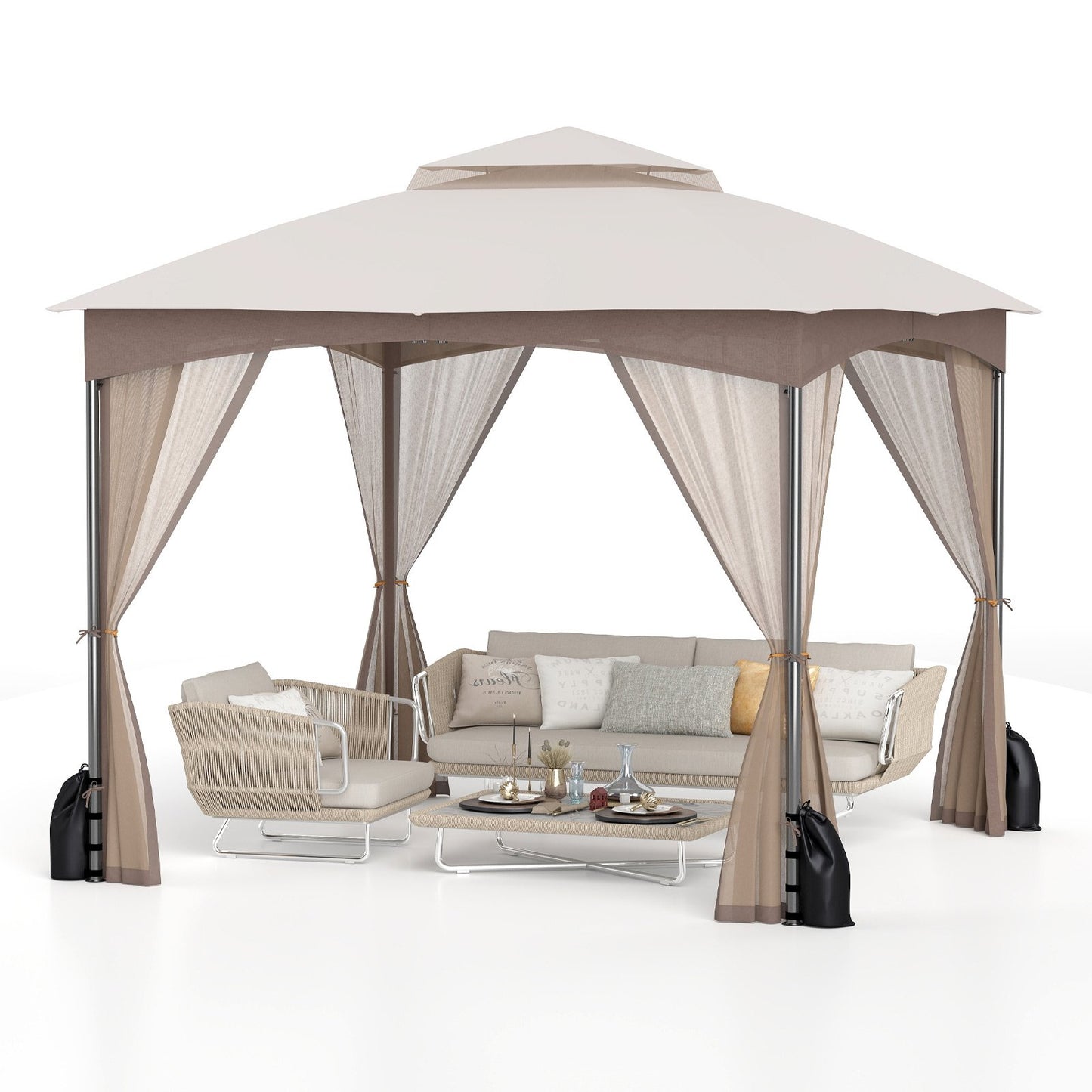 LIVSK Tuinpaviljoen met Net - Waterdicht Dubbel Dak - Eenvoudige Montage - 300 x 300 x 278 cm - Khaki