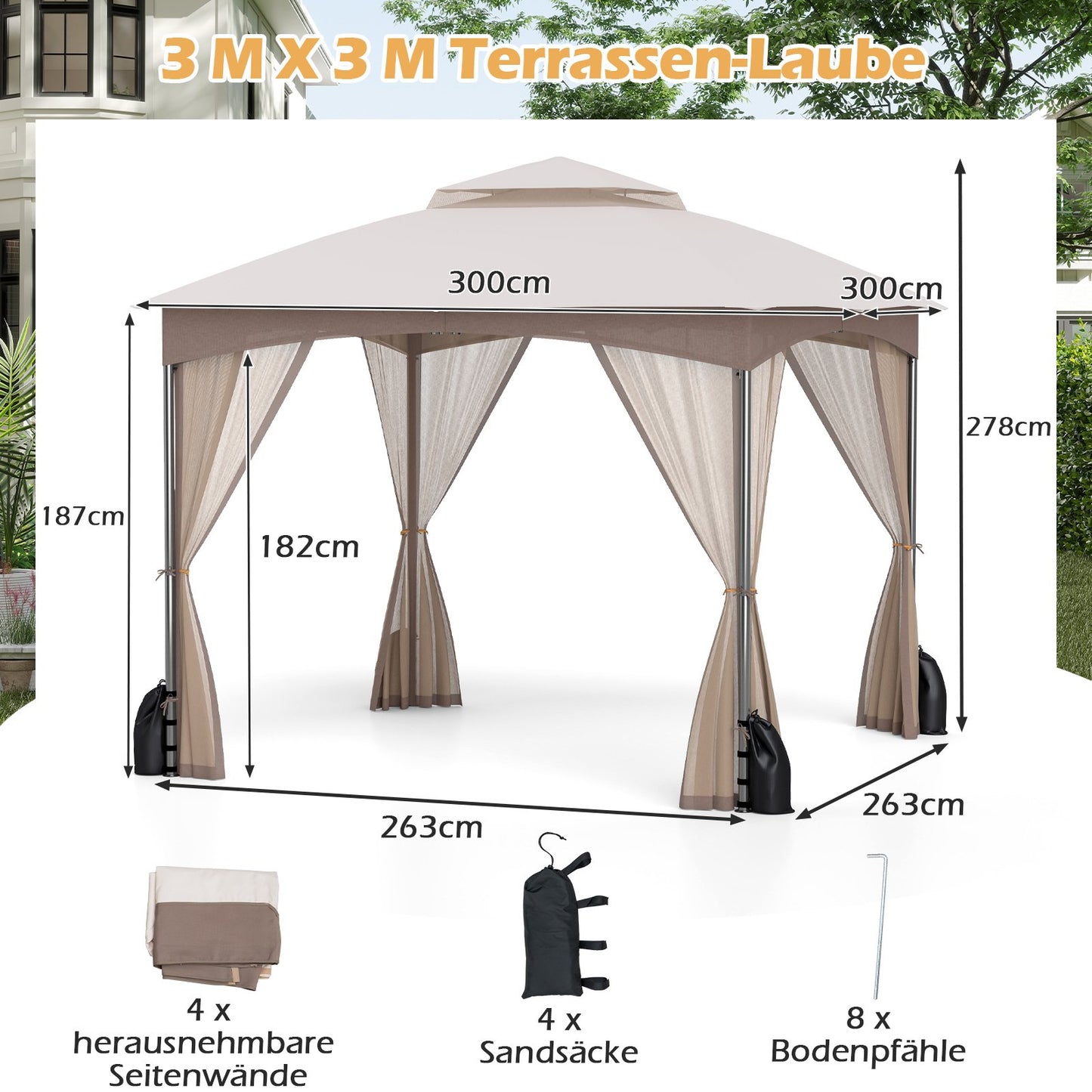 LIVSK Tuinpaviljoen met Net - Waterdicht Dubbel Dak - Eenvoudige Montage - 300 x 300 x 278 cm - Khaki