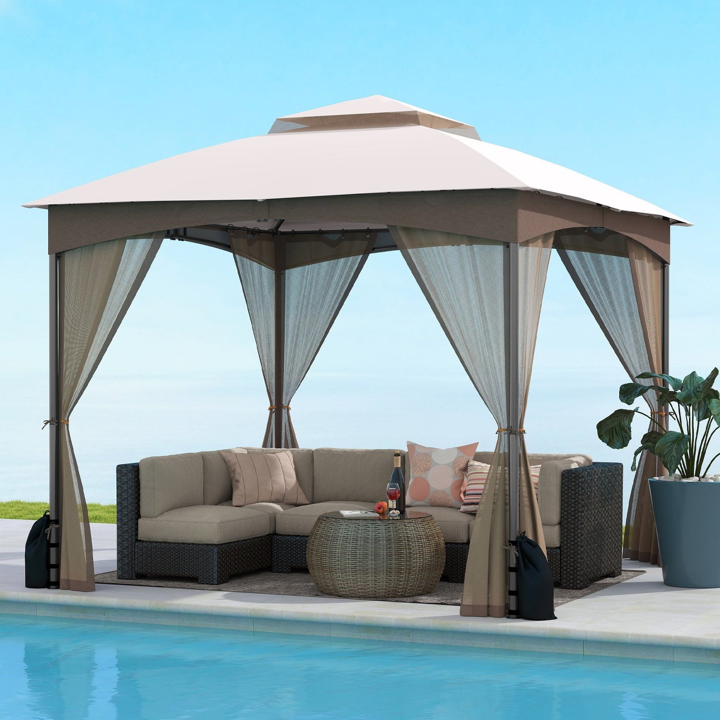 LIVSK Tuinpaviljoen met Net - Waterdicht Dubbel Dak - Eenvoudige Montage - 300 x 300 x 278 cm - Khaki