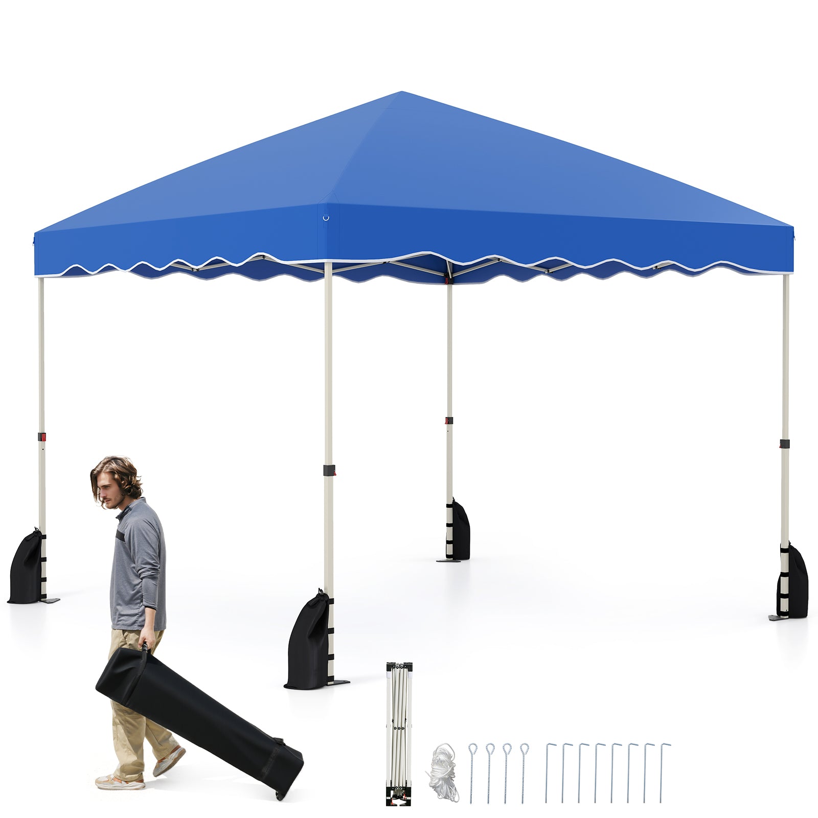 LIVSK Pop-up Luifel Tent - 3-voudig Hoogte Verstelbaar - Draagbare Rol Tas - 8 Haken en 4 Zandzakken - 300 x 300 x 266-286 cm -
