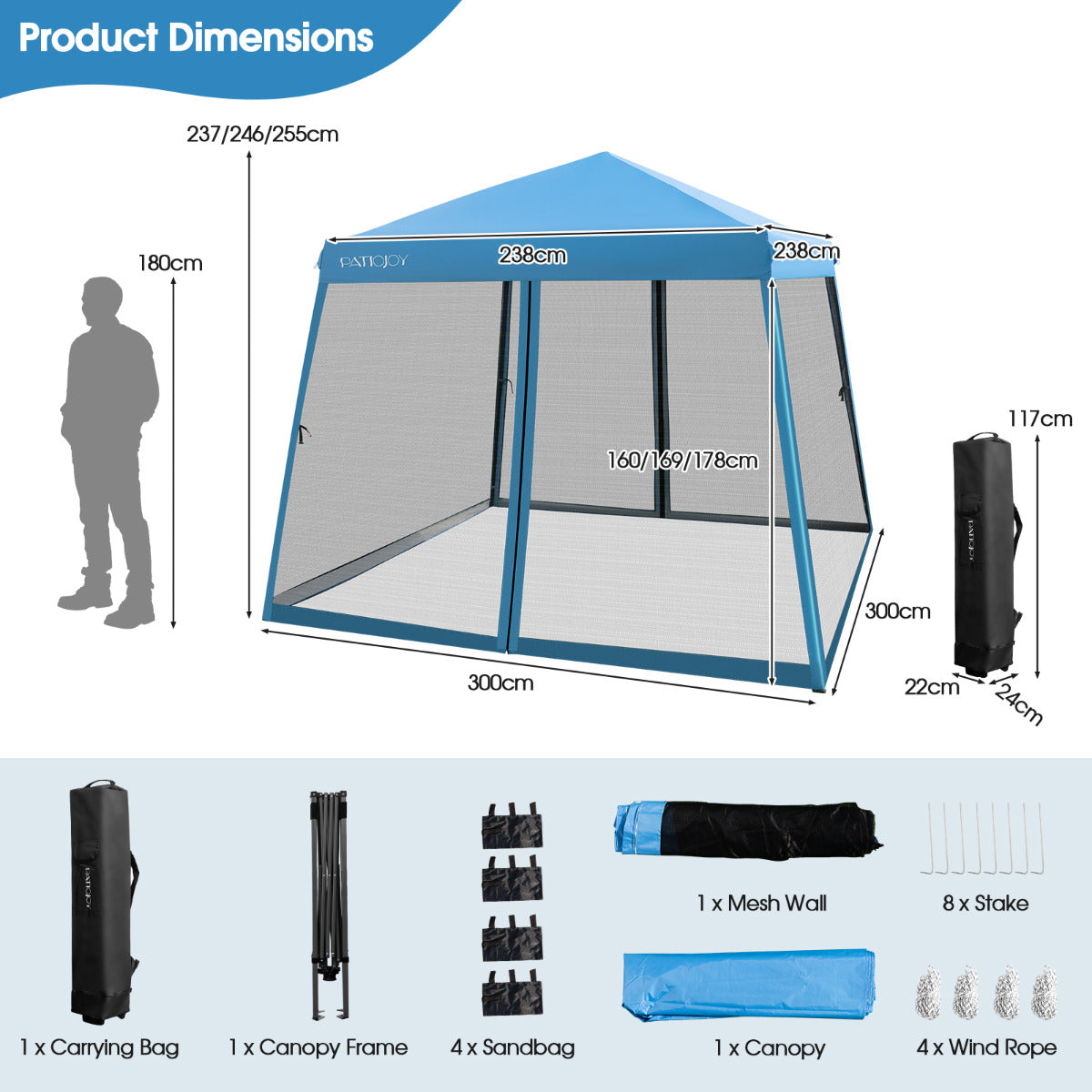 LIVSK Pop-up Paviljoen 3x3m - Verstelbare Hoogte - Mesh-zijwanden - Windbestendig - Waterdicht - 9 m² Schaduw - Grijs