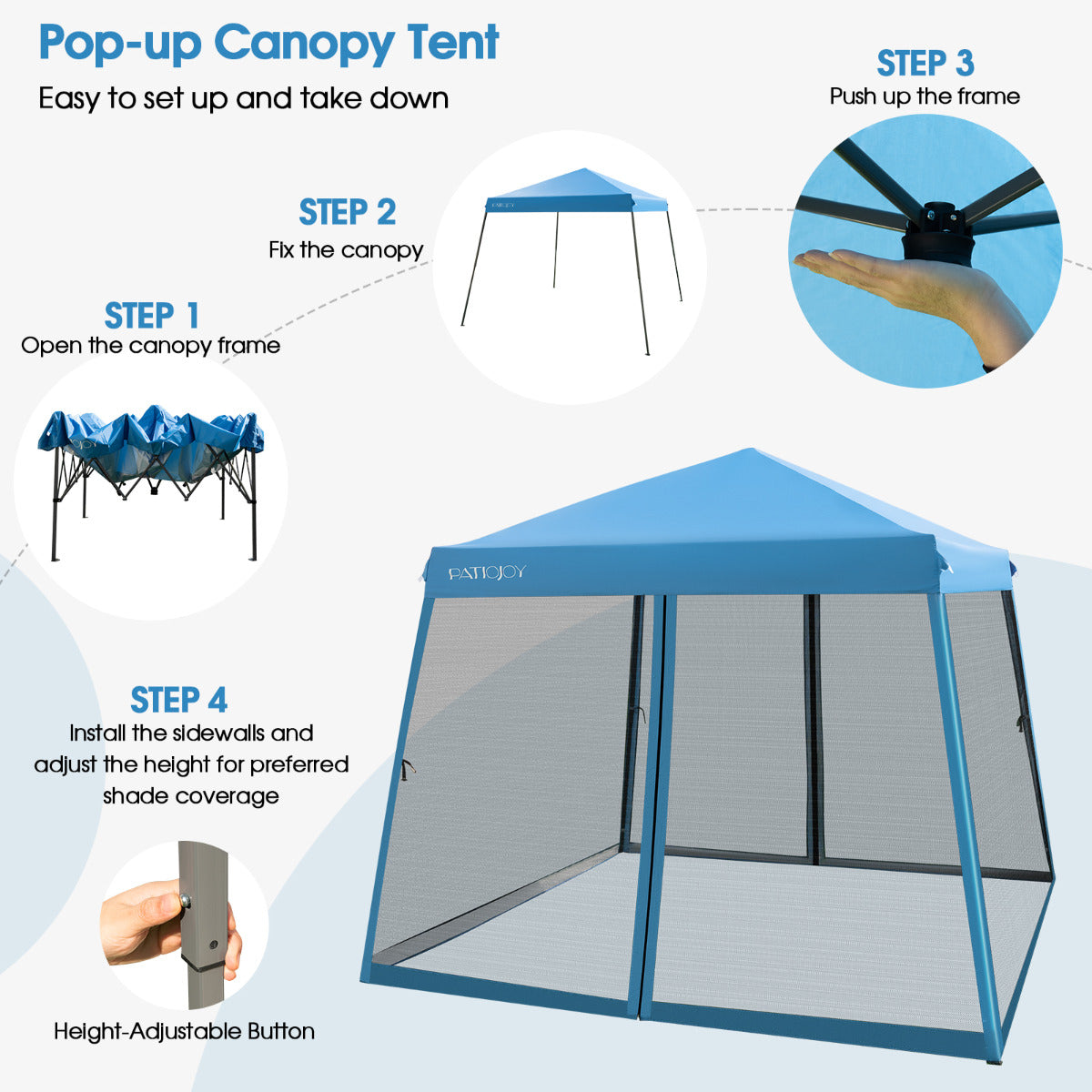 LIVSK Pop-up Paviljoen 3x3m - Verstelbare Hoogte - Mesh-zijwanden - Windbestendig - Waterdicht - 9 m² Schaduw - Grijs