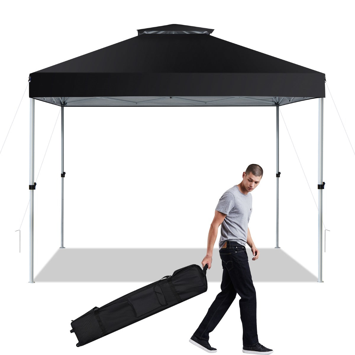 LIVSK Pop-up Paviljoen - Geventileerd Dak - Centrale Vergrendeling - Draagtas met Wielen - 305 x 305 x 217-275 cm - Zwart