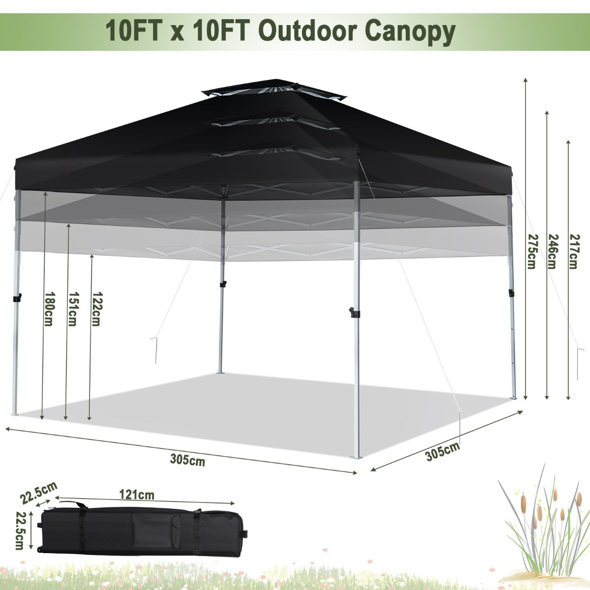LIVSK Pop-up Paviljoen - Geventileerd Dak - Centrale Vergrendeling - Draagtas met Wielen - 305 x 305 x 217-275 cm - Zwart