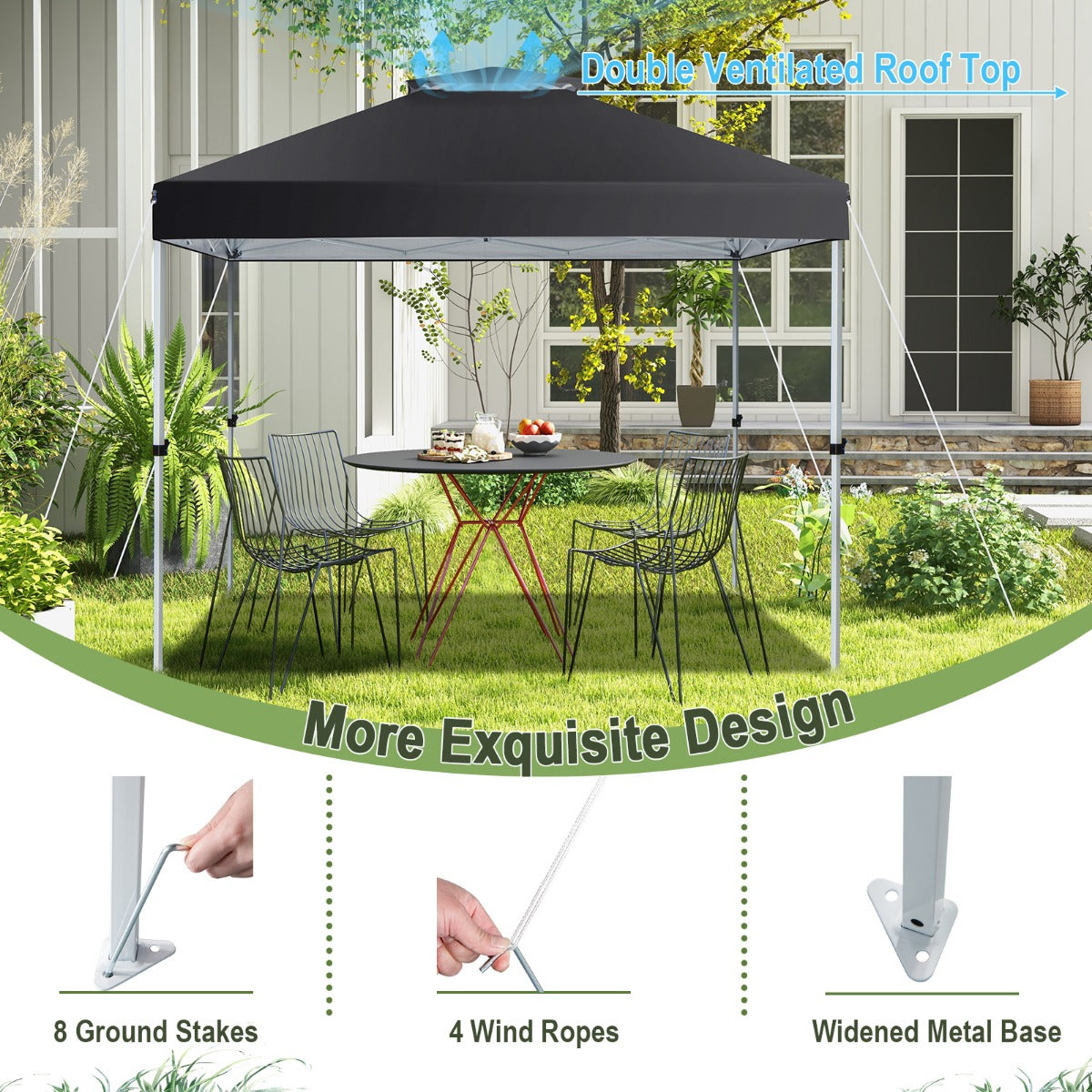 LIVSK Pop-up Paviljoen - Geventileerd Dak - Centrale Vergrendeling - Draagtas met Wielen - 305 x 305 x 217-275 cm - Zwart