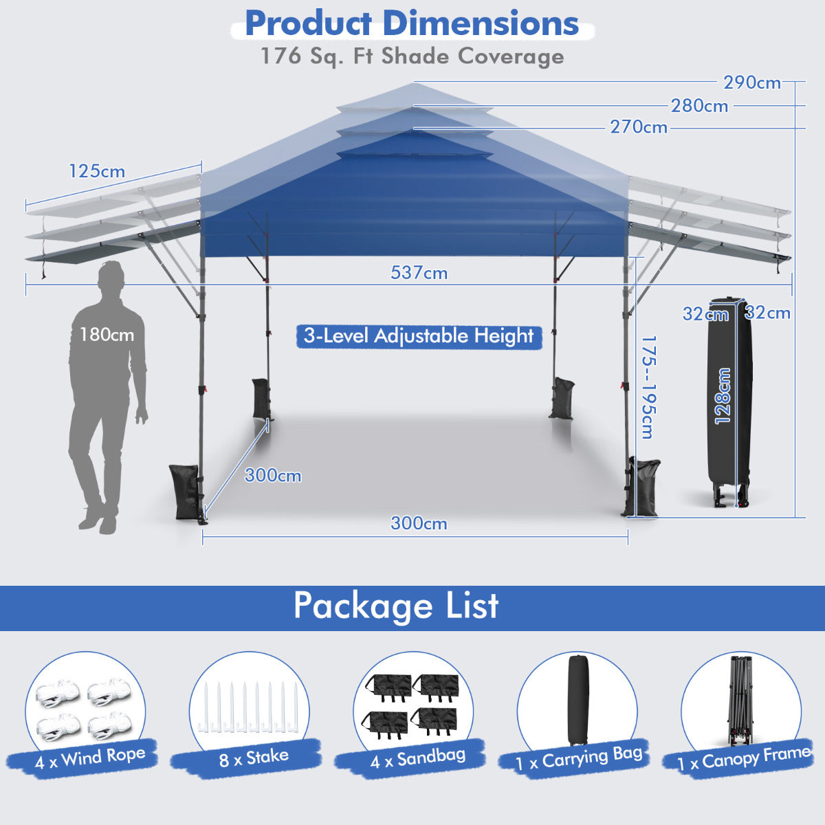 LIVSK Opklapbaar Paviljoen met Luifels - Groot Schaduwgebied van 16 m² - Waterdicht - Pop-up Design - Draagtas Inclusief - Blauw