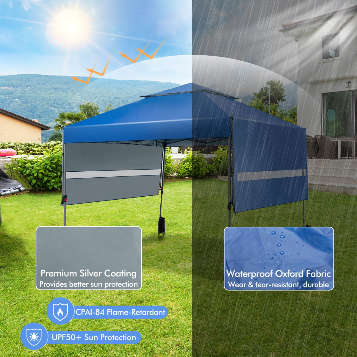 LIVSK Opklapbaar Paviljoen met Luifels - Groot Schaduwgebied van 16 m² - Waterdicht - Pop-up Design - Draagtas Inclusief - Blauw