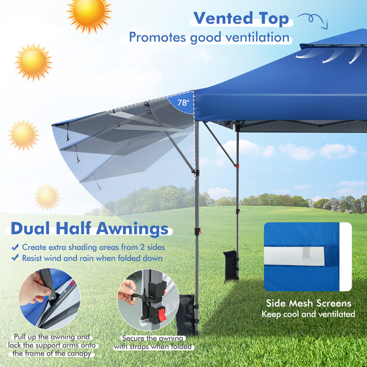 LIVSK Opklapbaar Paviljoen met Luifels - Groot Schaduwgebied van 16 m² - Waterdicht - Pop-up Design - Draagtas Inclusief - Blauw