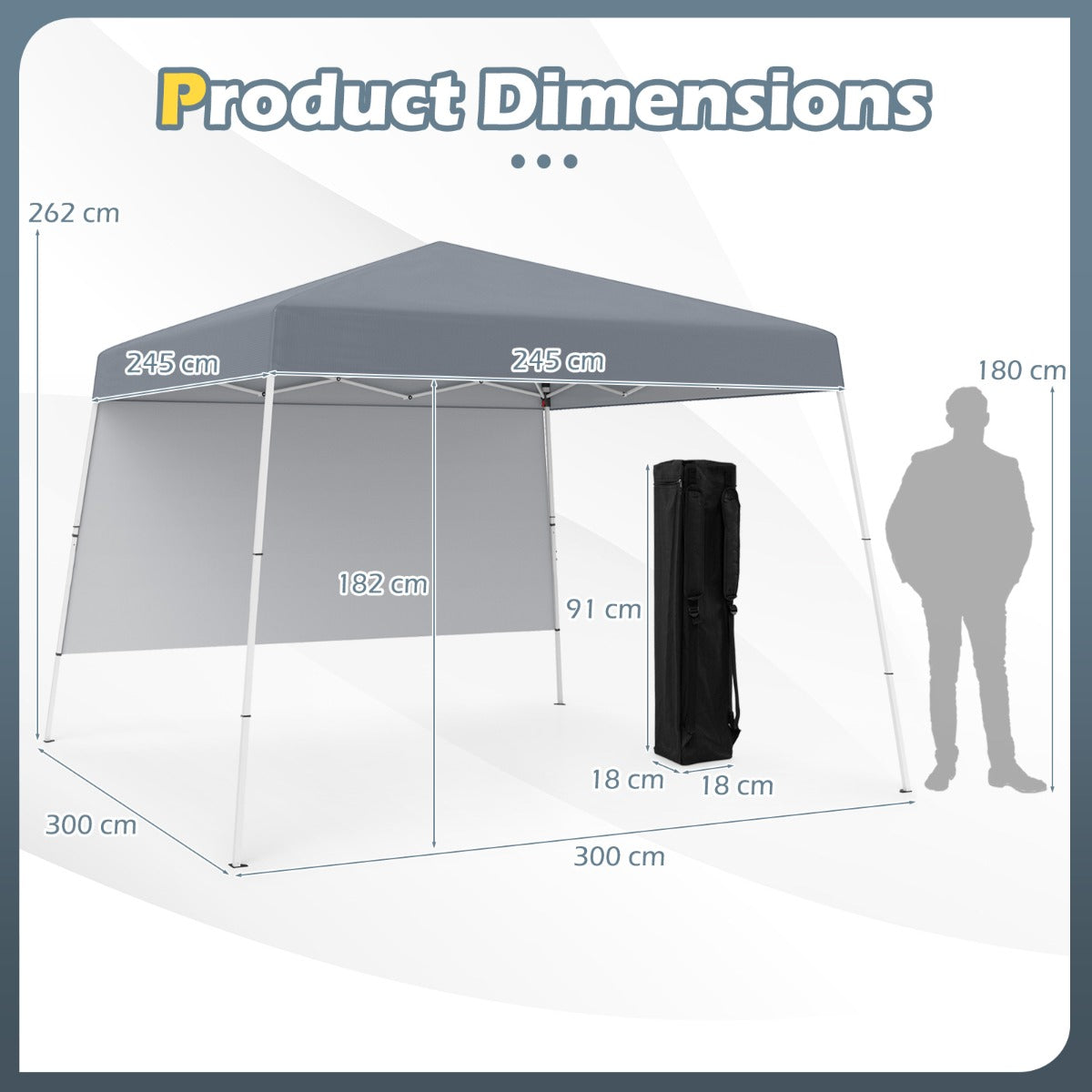 LIVSK Pop-up Paviljoen 300 x 300 x 262 cm - Waterdicht - Zonbescherming met Zijwand - Eenvoudige Montage - Grijs