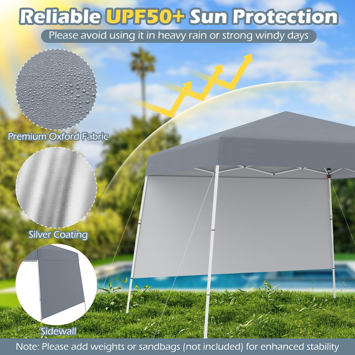 LIVSK Pop-up Paviljoen 300 x 300 x 262 cm - Waterdicht - Zonbescherming met Zijwand - Eenvoudige Montage - Grijs