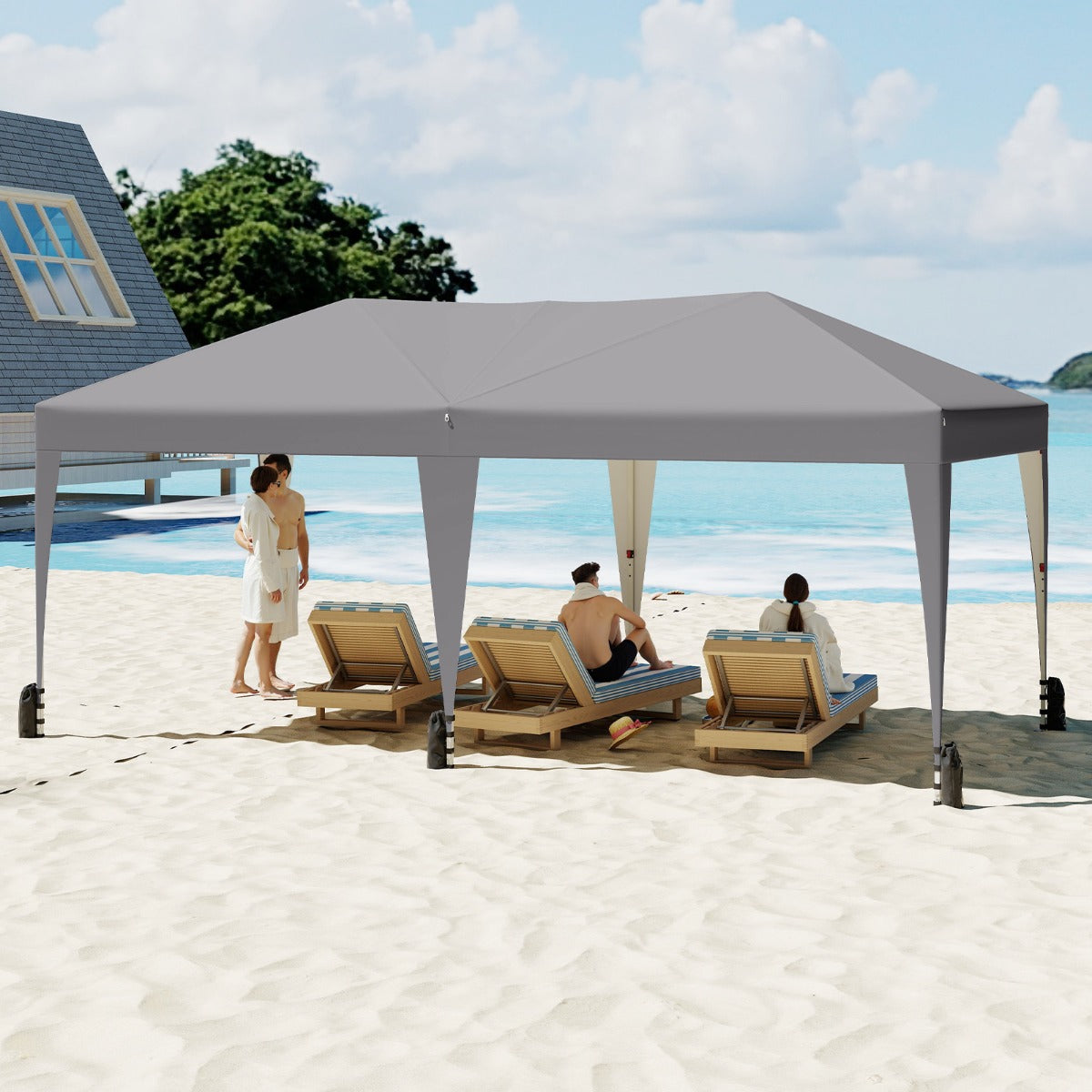 LIVSK Pop-up Partytent met UV-bescherming 50+ - 3 Hoogtes - Eenvoudig op te zetten - Draagtas met Wielen - 590 x 300 x 266-286 cm
