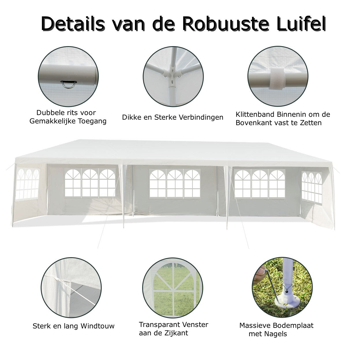 LIVSK Tuinpaviljoen met Verwijderbare Zijwanden - Stevig Stalen Frame - Eenvoudige Montage - 9 x 3 x 2,60 m - Wit