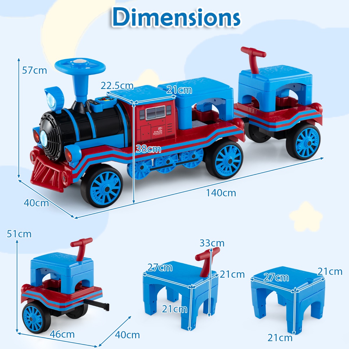 Livsk costway 3 zits elektrische treinset 12v kindervoertuig met 2 afneembare stoelen 1 locomotief 1 wagon 1 1