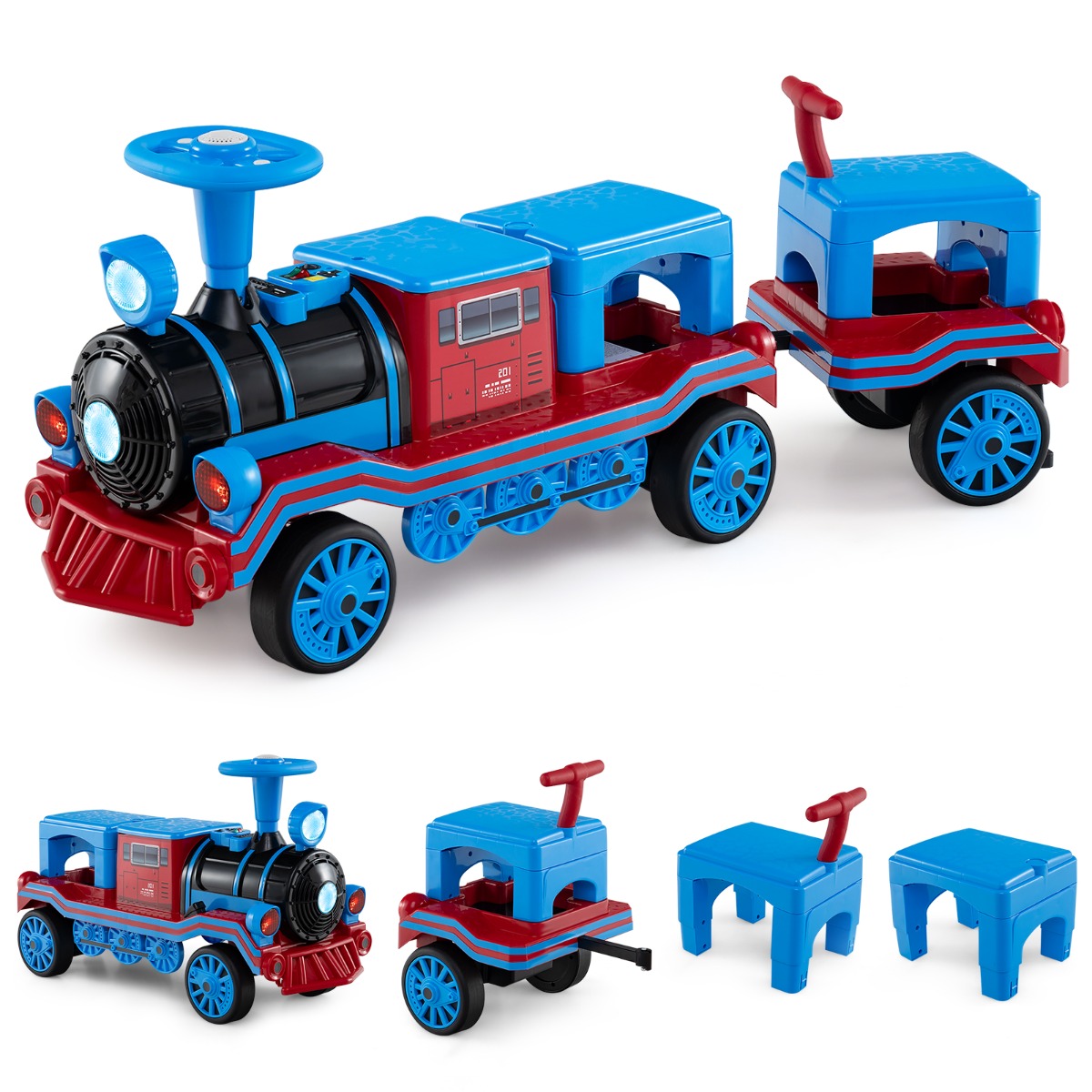 Livsk costway 3 zits elektrische treinset 12v kindervoertuig met 2 afneembare stoelen 1 locomotief 1 wagon