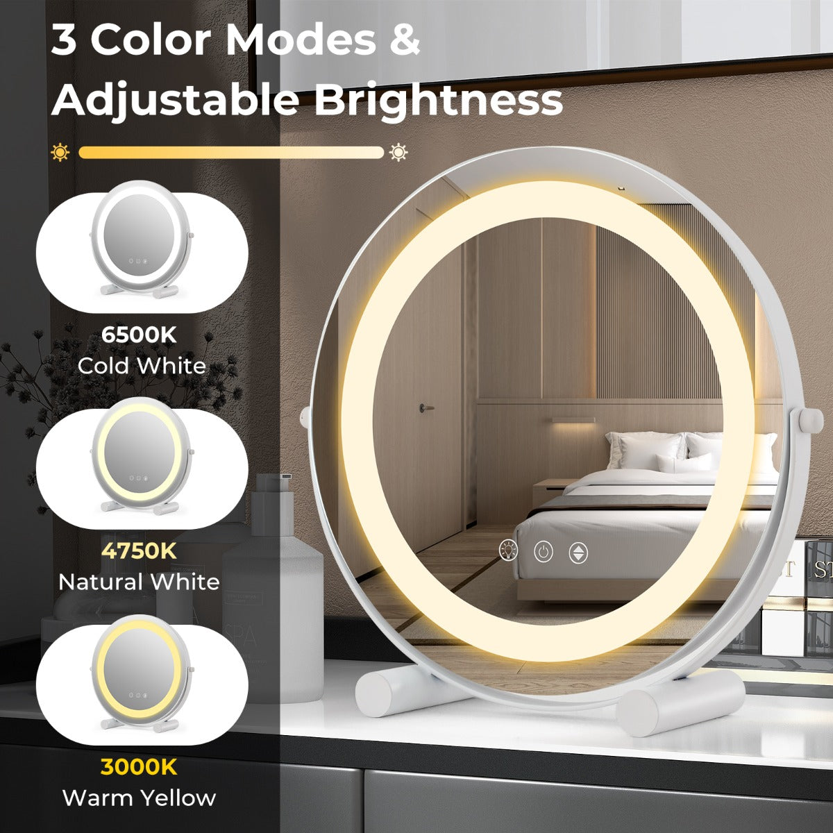 LIVSK Make-upspiegel met LED-verlichting - 3 Verlichtingsopties - 360° Draaibaar - Aanraakbediening - Explosieveilig - Wit
