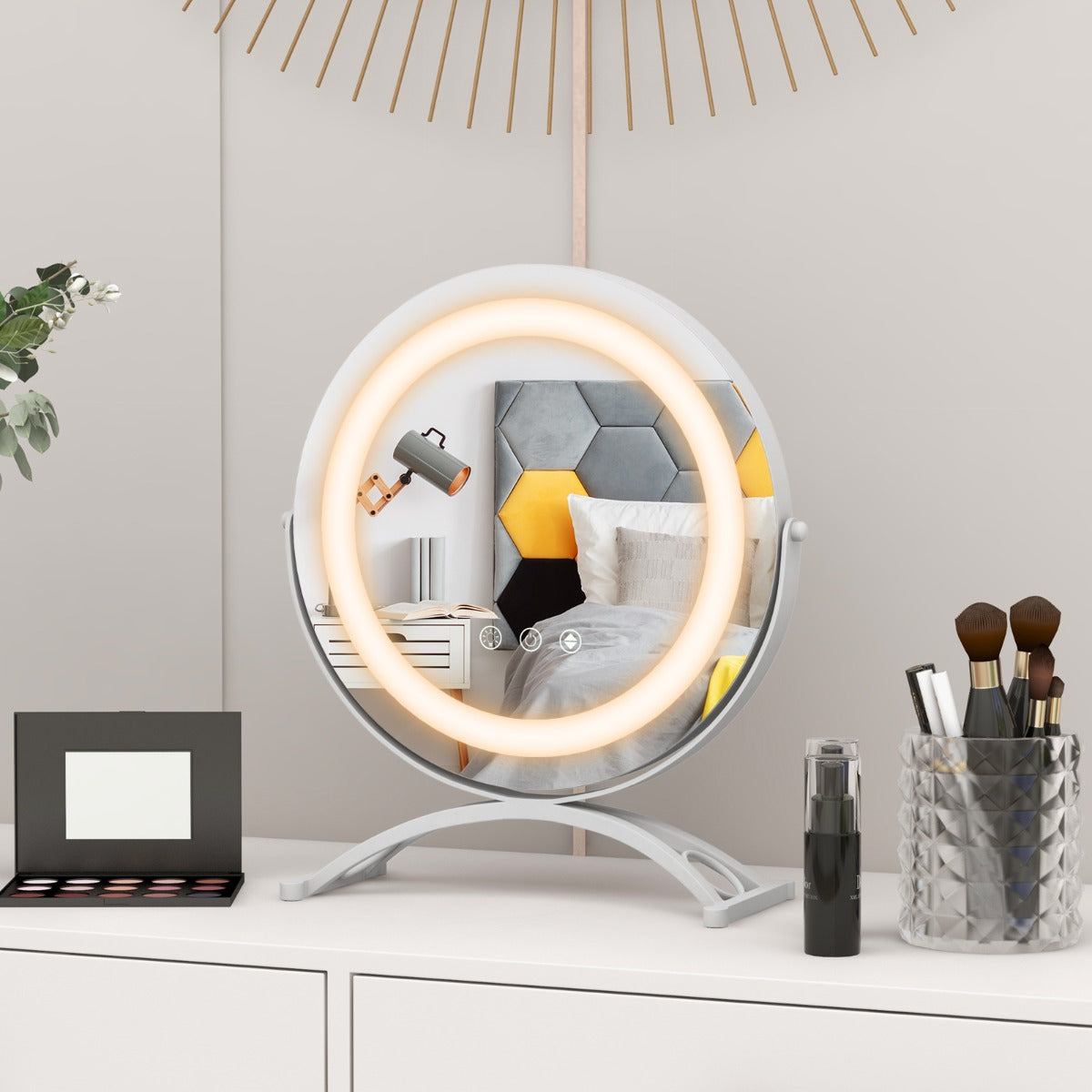 LIVSK LED Make-Up Spiegel - 3 Kleurstanden - Geheugenfunctie - 360° Draaibaar - Zilver - 32,5 x 12,5 x 35,5 cm