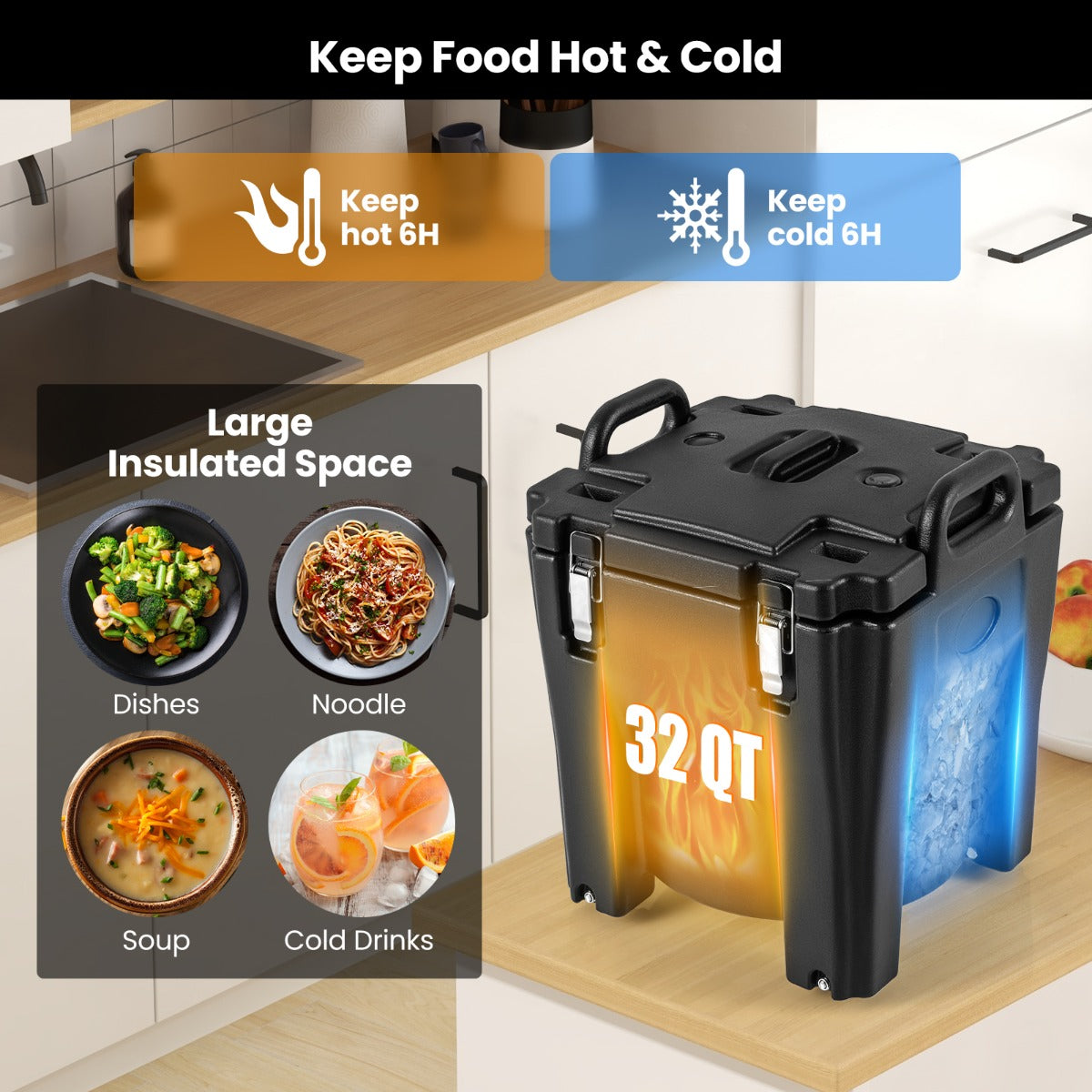 LIVSK Geïsoleerde Voedselcontainer - 30L - 3-laagse Structuur - Tot 6 Uur Warm/Koud - Handgrepen en Wielen - Zwart
