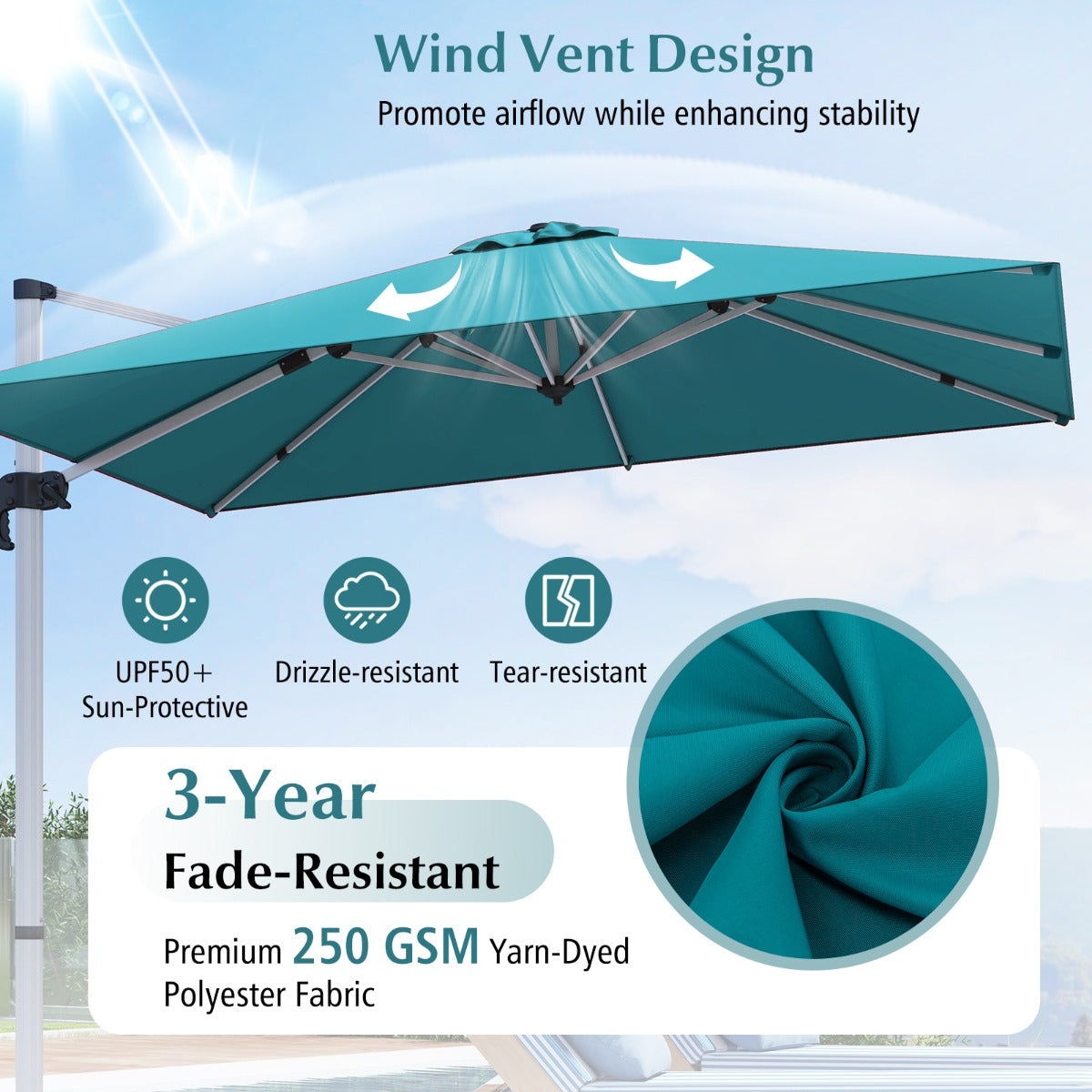 LIVSK Deluxe Terras Hangende Parasol - Kantelbaar met Slinger - 3m Luifel - Aluminium en Polyester - Stabiliteit met Kruisvoet -
