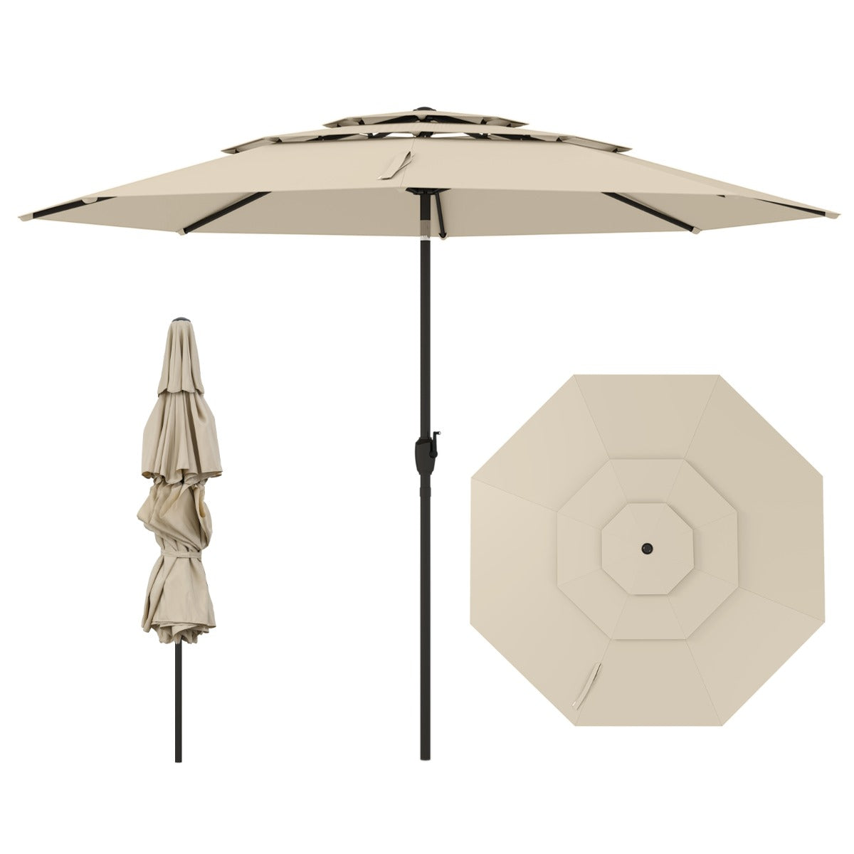 Livsk costway 300 cm grote 3 laagse parasol tafelparasol met kantelmechanisme handslinger 8 stevige ribben zonnescherm voor tuin beige