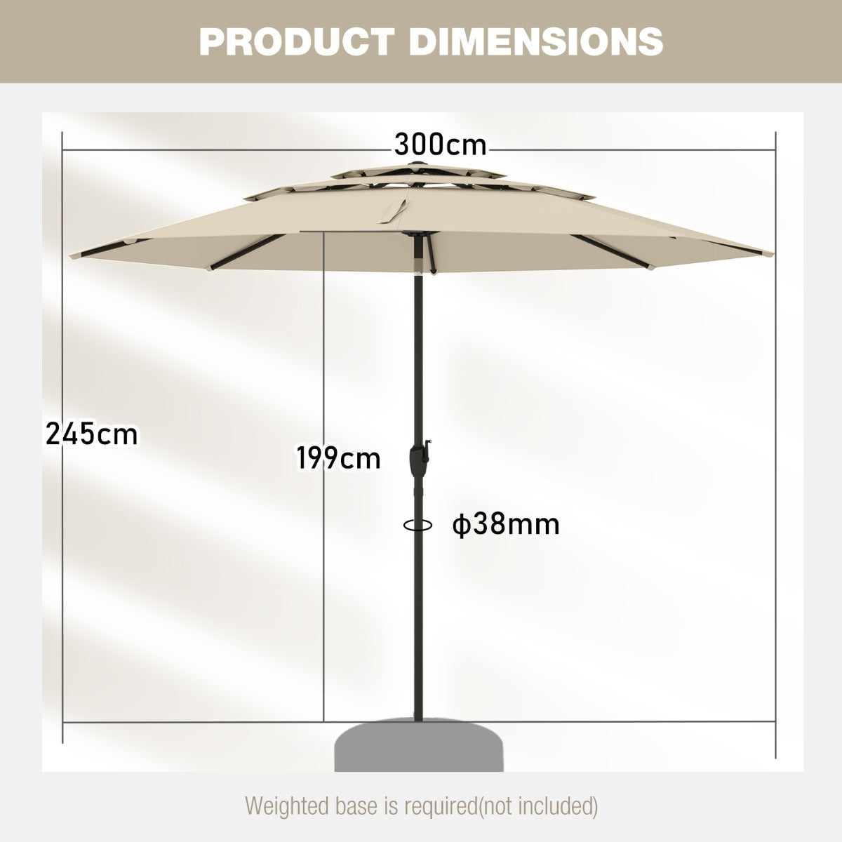 Livsk costway 300 cm grote 3 laagse parasol tafelparasol met kantelmechanisme handslinger 8 stevige ribben zonnescherm voor tuin beige