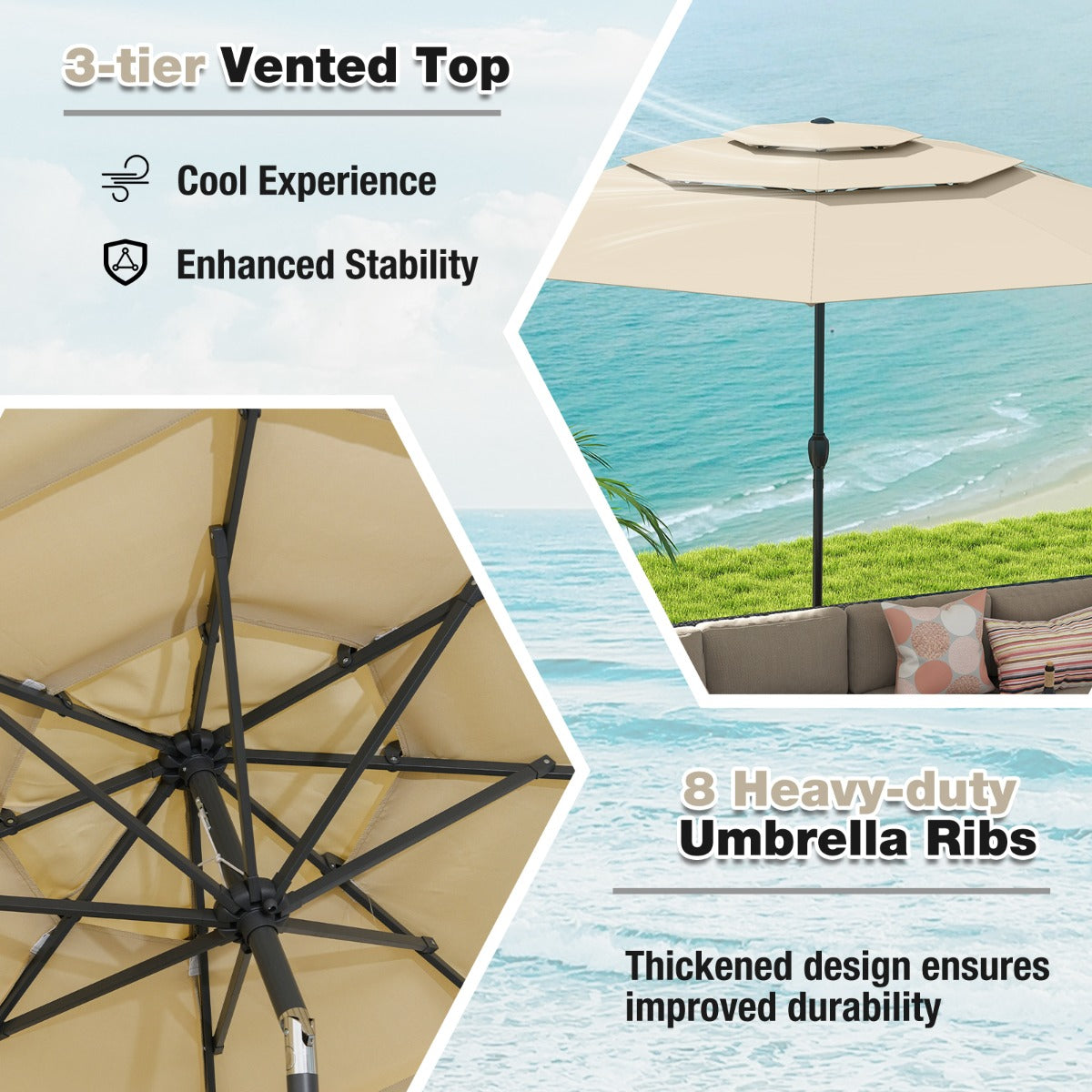 Livsk costway 300 cm grote 3 laagse parasol tafelparasol met kantelmechanisme handslinger 8 stevige ribben zonnescherm voor tuin beige