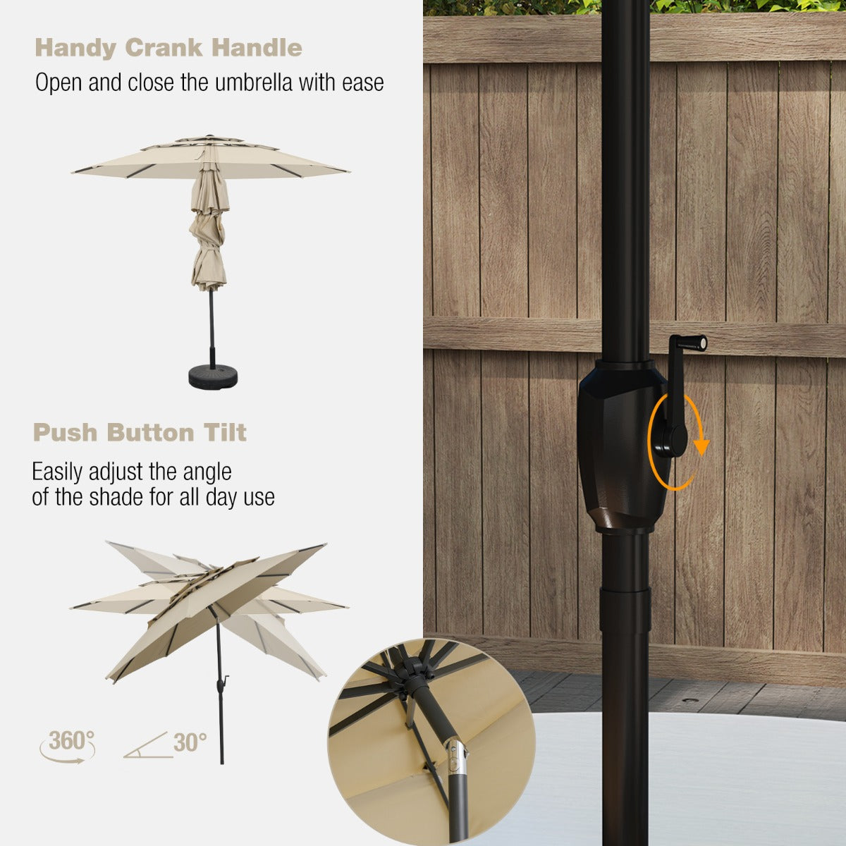 Livsk costway 300 cm grote 3 laagse parasol tafelparasol met kantelmechanisme handslinger 8 stevige ribben zonnescherm voor tuin beige