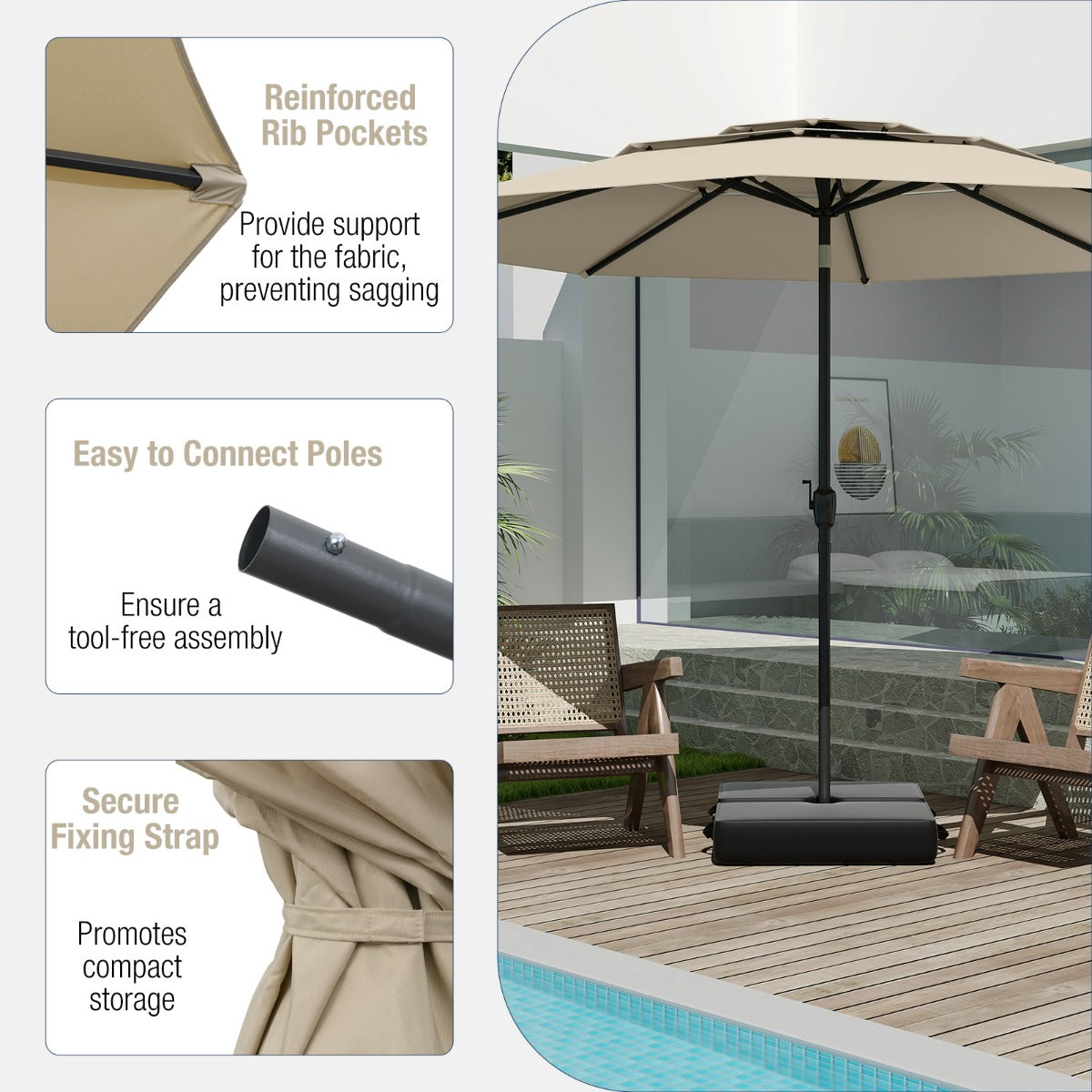 Livsk costway 300 cm grote 3 laagse parasol tafelparasol met kantelmechanisme handslinger 8 stevige ribben zonnescherm voor tuin beige