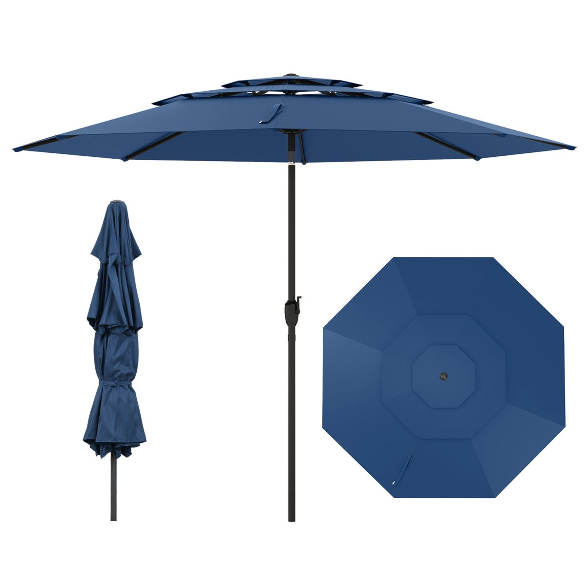 Livsk costway 300 cm grote 3 laagse parasol tafelparasol met kantelmechanisme handslinger 8 stevige ribben zonnescherm voor tuin donkerblauw
