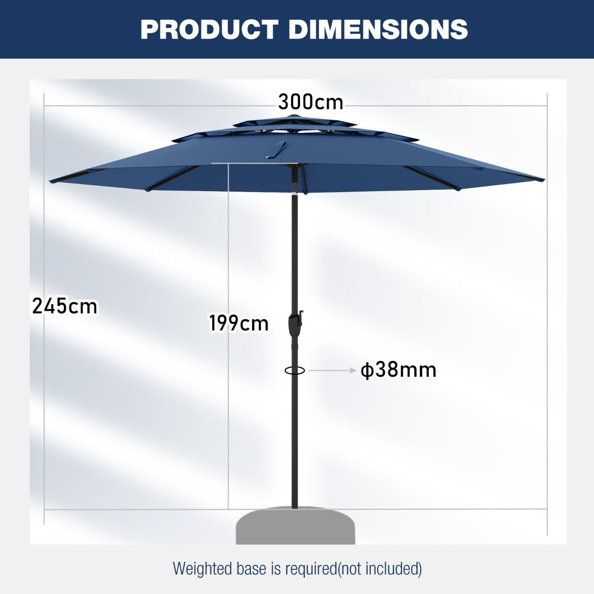 Livsk costway 300 cm grote 3 laagse parasol tafelparasol met kantelmechanisme handslinger 8 stevige ribben zonnescherm voor tuin donkerblauw