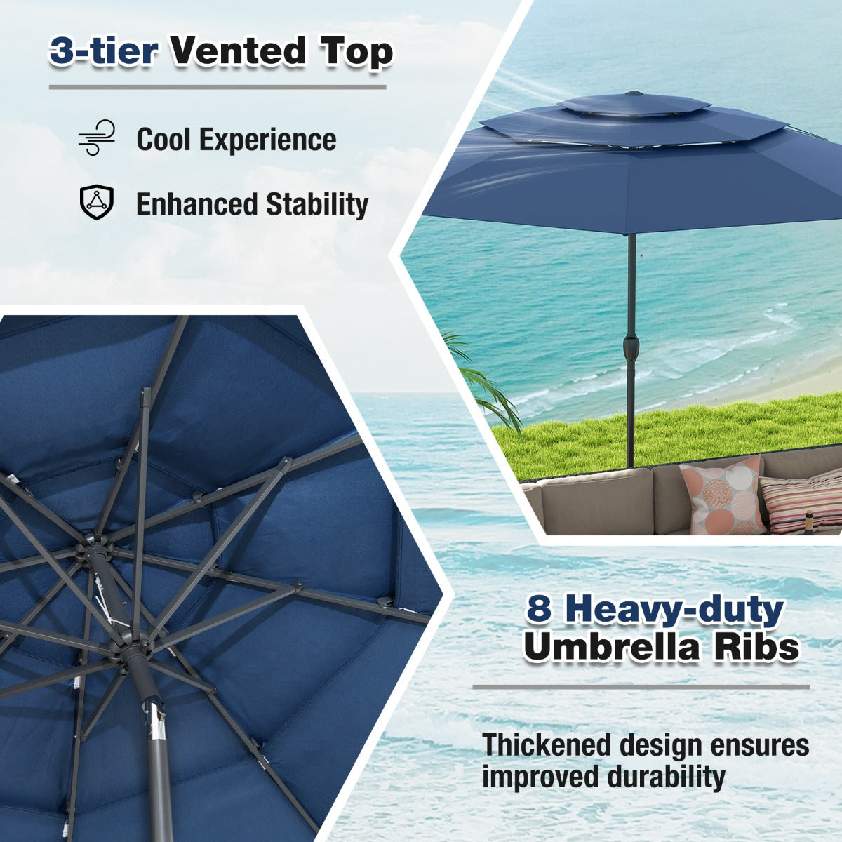 Livsk costway 300 cm grote 3 laagse parasol tafelparasol met kantelmechanisme handslinger 8 stevige ribben zonnescherm voor tuin donkerblauw