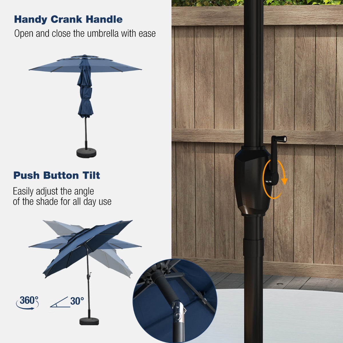 Livsk costway 300 cm grote 3 laagse parasol tafelparasol met kantelmechanisme handslinger 8 stevige ribben zonnescherm voor tuin donkerblauw