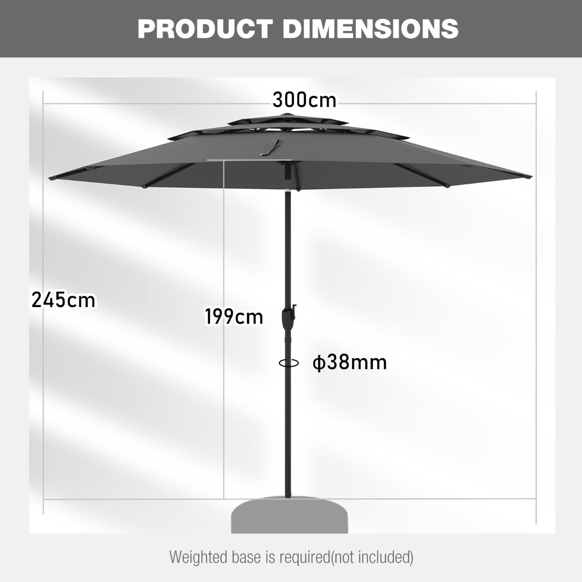 Livsk costway 300 cm grote 3 laagse parasol tafelparasol met kantelmechanisme handslinger 8 stevige ribben zonnescherm voor tuin grijs