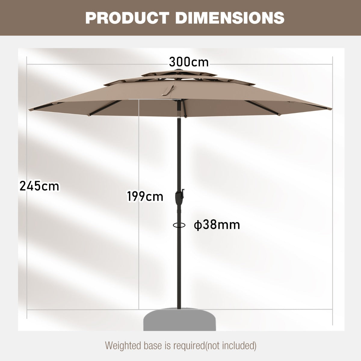Livsk costway 300 cm grote 3 laagse parasol tafelparasol met kantelmechanisme handslinger 8 stevige ribben zonnescherm voor tuin lichtbruin