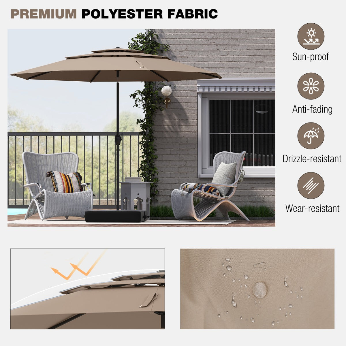 Livsk costway 300 cm grote 3 laagse parasol tafelparasol met kantelmechanisme handslinger 8 stevige ribben zonnescherm voor tuin lichtbruin