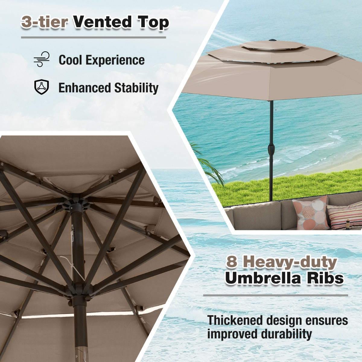 Livsk costway 300 cm grote 3 laagse parasol tafelparasol met kantelmechanisme handslinger 8 stevige ribben zonnescherm voor tuin lichtbruin