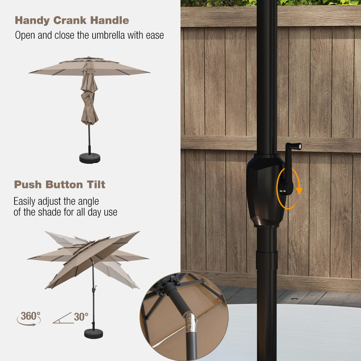 Livsk costway 300 cm grote 3 laagse parasol tafelparasol met kantelmechanisme handslinger 8 stevige ribben zonnescherm voor tuin lichtbruin