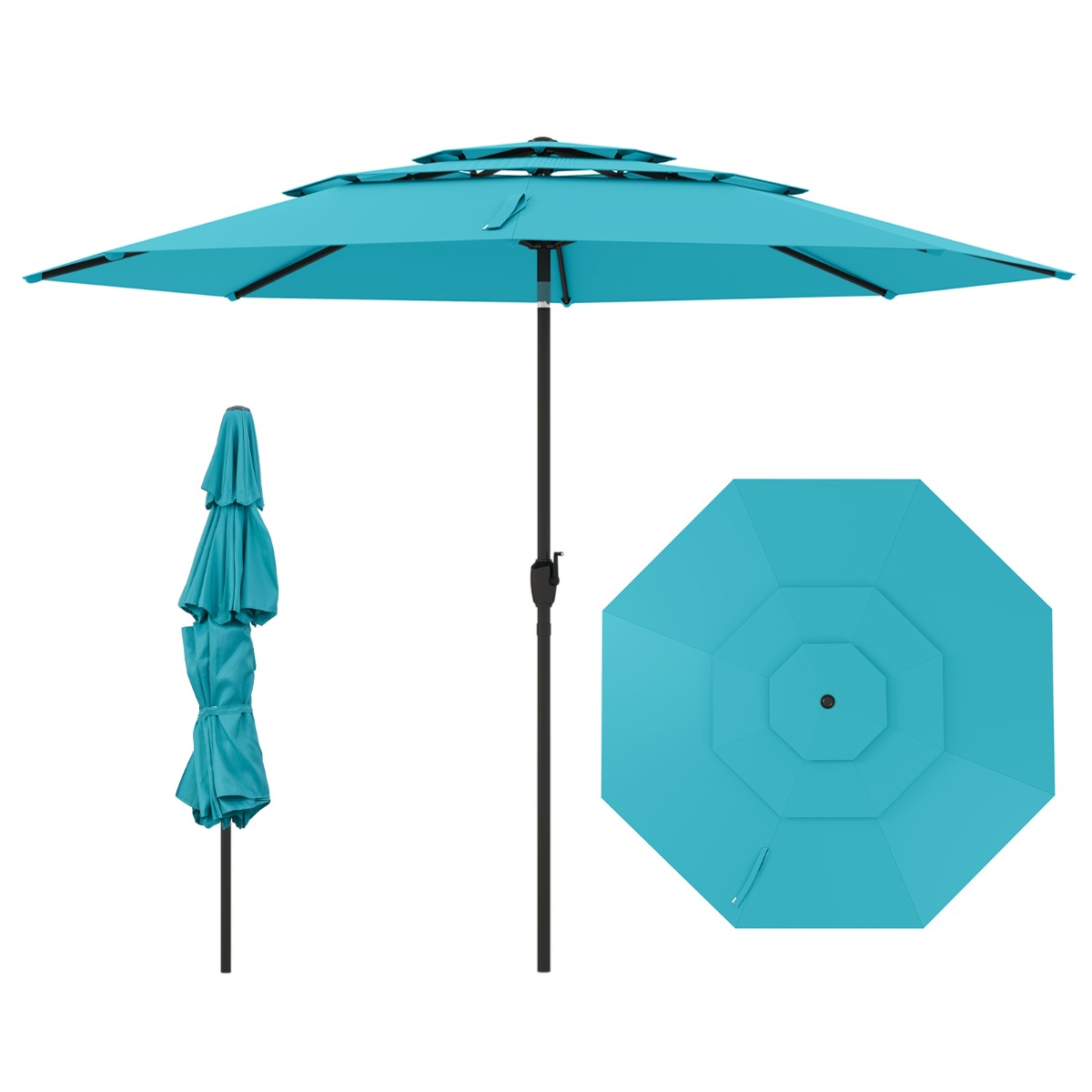 Livsk costway 300 cm grote 3 laagse parasol tafelparasol met kantelmechanisme handslinger 8 stevige ribben zonnescherm voor tuin strand turquoise