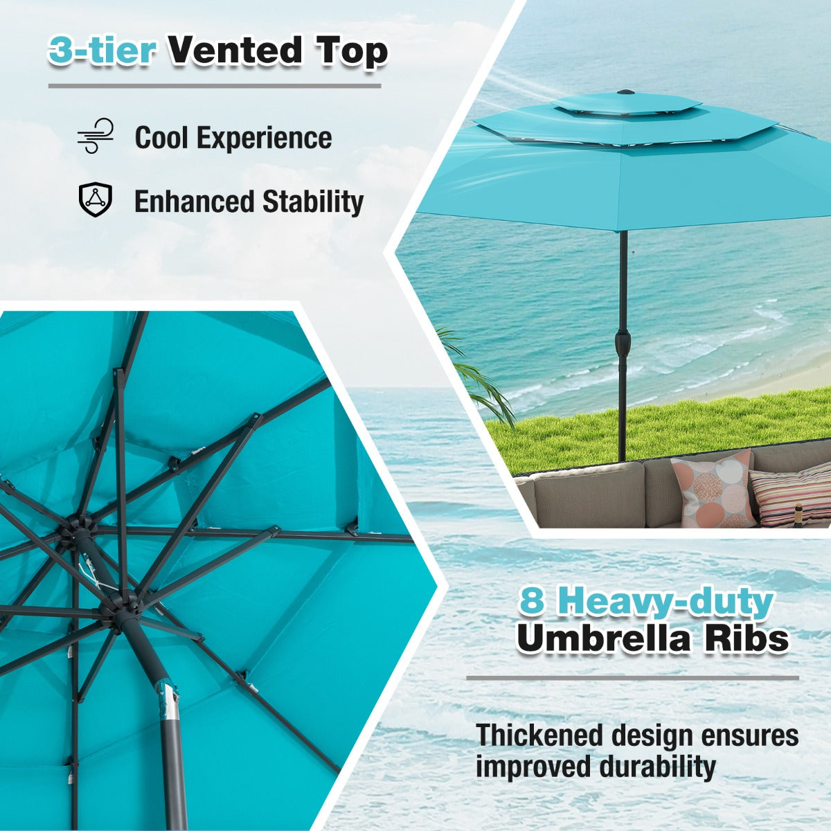 Livsk costway 300 cm grote 3 laagse parasol tafelparasol met kantelmechanisme handslinger 8 stevige ribben zonnescherm voor tuin strand turquoise