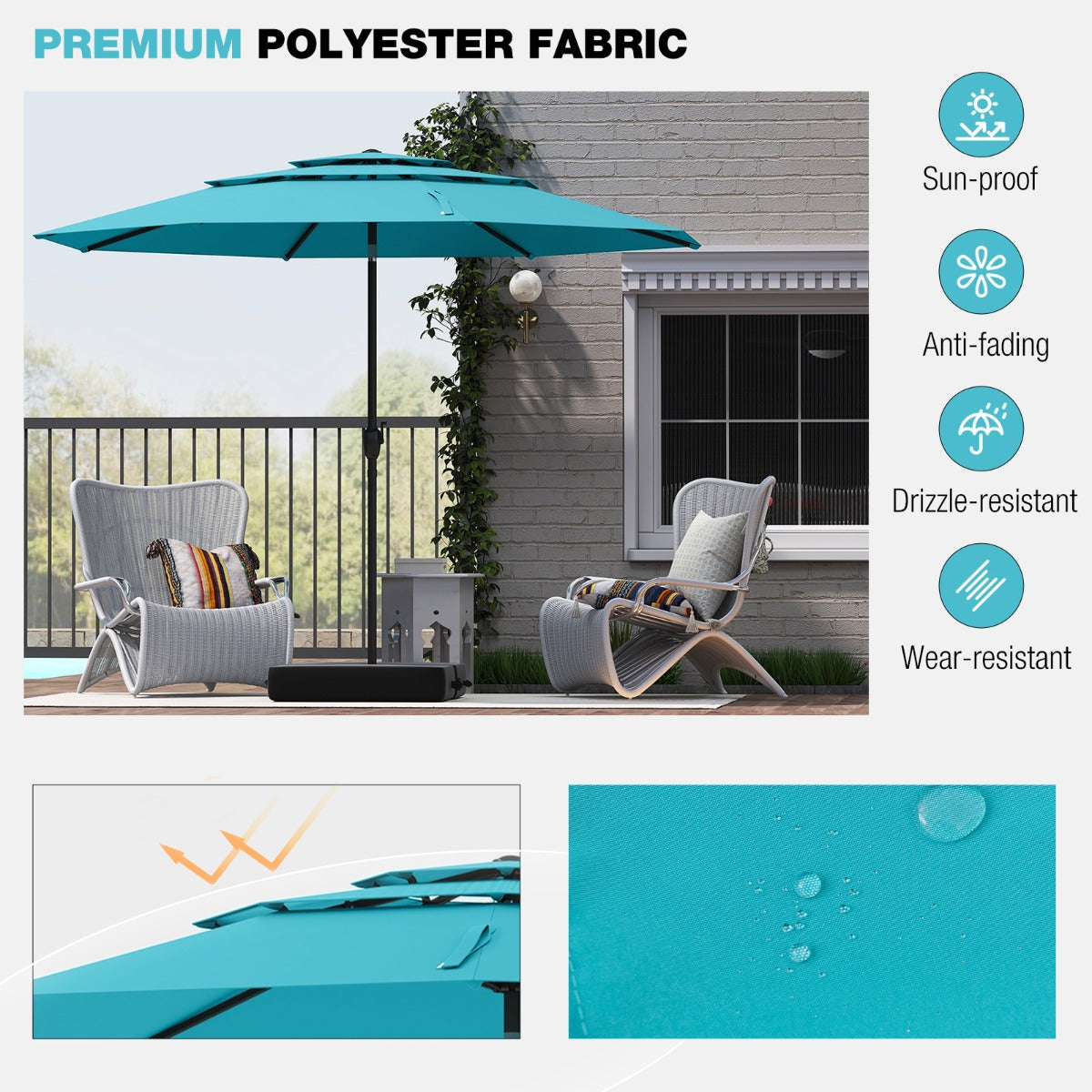 Livsk costway 300 cm grote 3 laagse parasol tafelparasol met kantelmechanisme handslinger 8 stevige ribben zonnescherm voor tuin strand turquoise