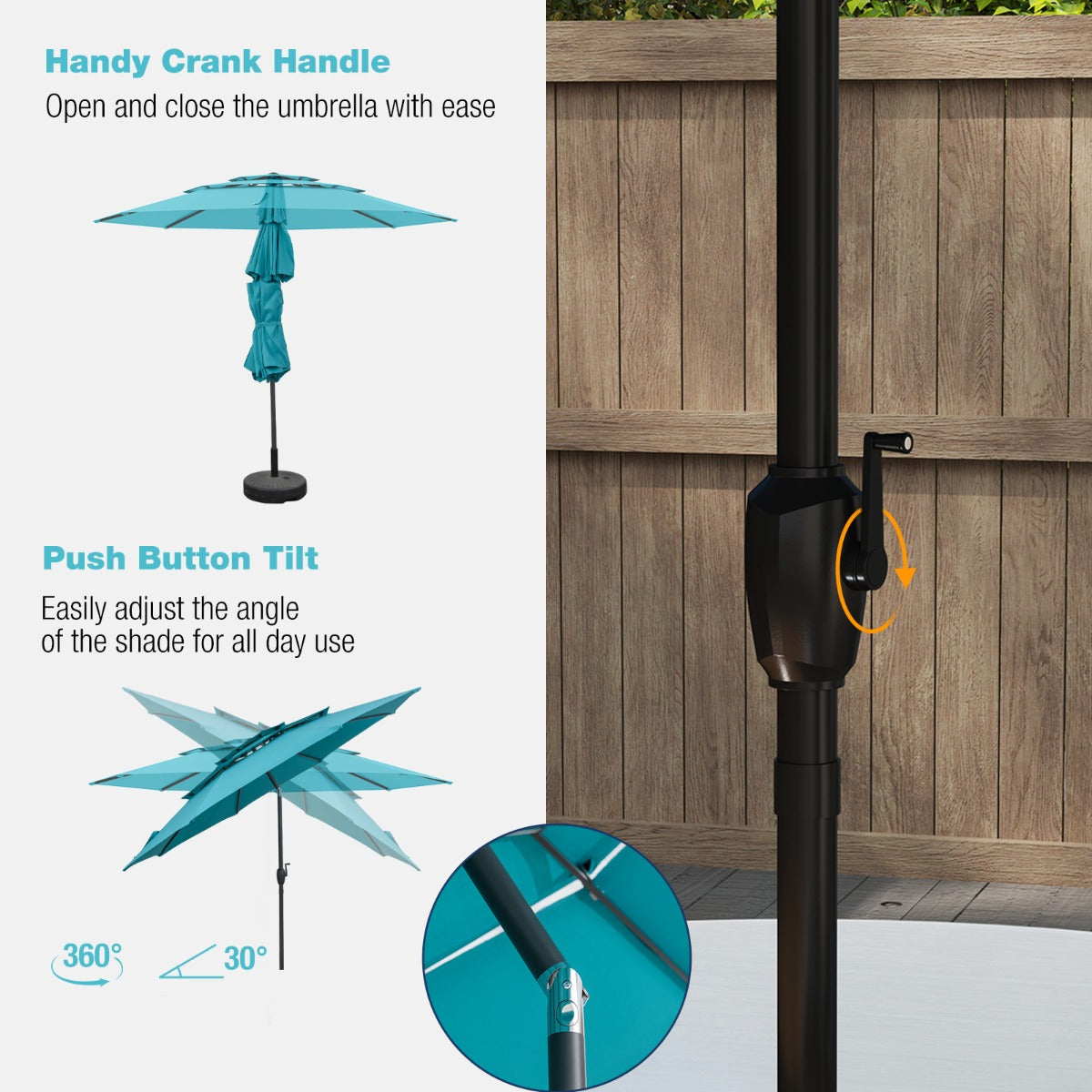Livsk costway 300 cm grote 3 laagse parasol tafelparasol met kantelmechanisme handslinger 8 stevige ribben zonnescherm voor tuin strand turquoise