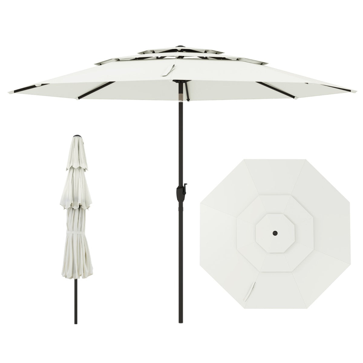 Livsk costway 300 cm grote 3 laagse parasol tafelparasol met kantelmechanisme handslinger 8 stevige ribben zonnescherm voor tuin strand wit