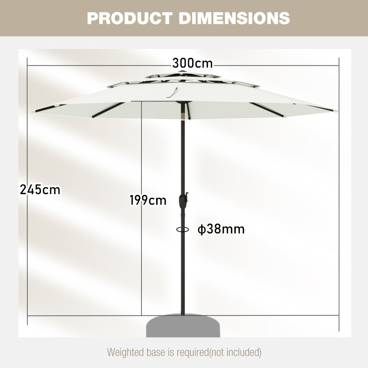 Livsk costway 300 cm grote 3 laagse parasol tafelparasol met kantelmechanisme handslinger 8 stevige ribben zonnescherm voor tuin strand wit