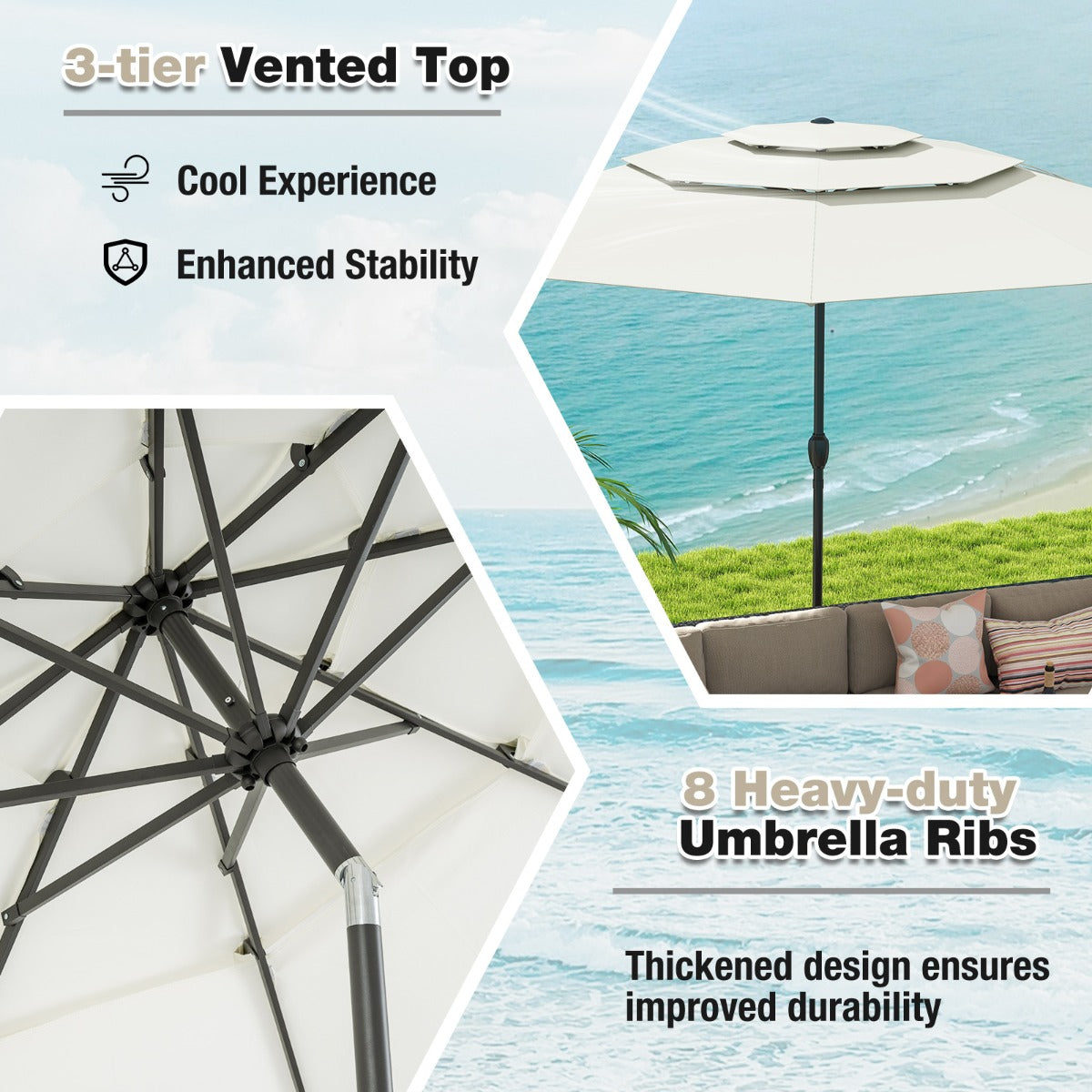 Livsk costway 300 cm grote 3 laagse parasol tafelparasol met kantelmechanisme handslinger 8 stevige ribben zonnescherm voor tuin strand wit