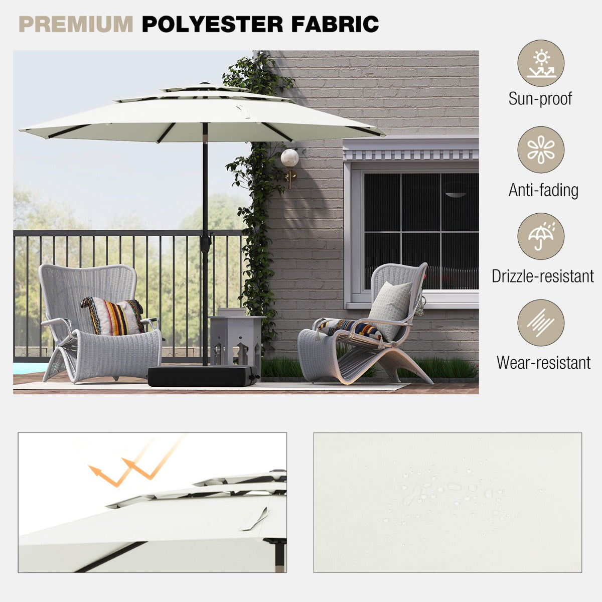 Livsk costway 300 cm grote 3 laagse parasol tafelparasol met kantelmechanisme handslinger 8 stevige ribben zonnescherm voor tuin strand wit