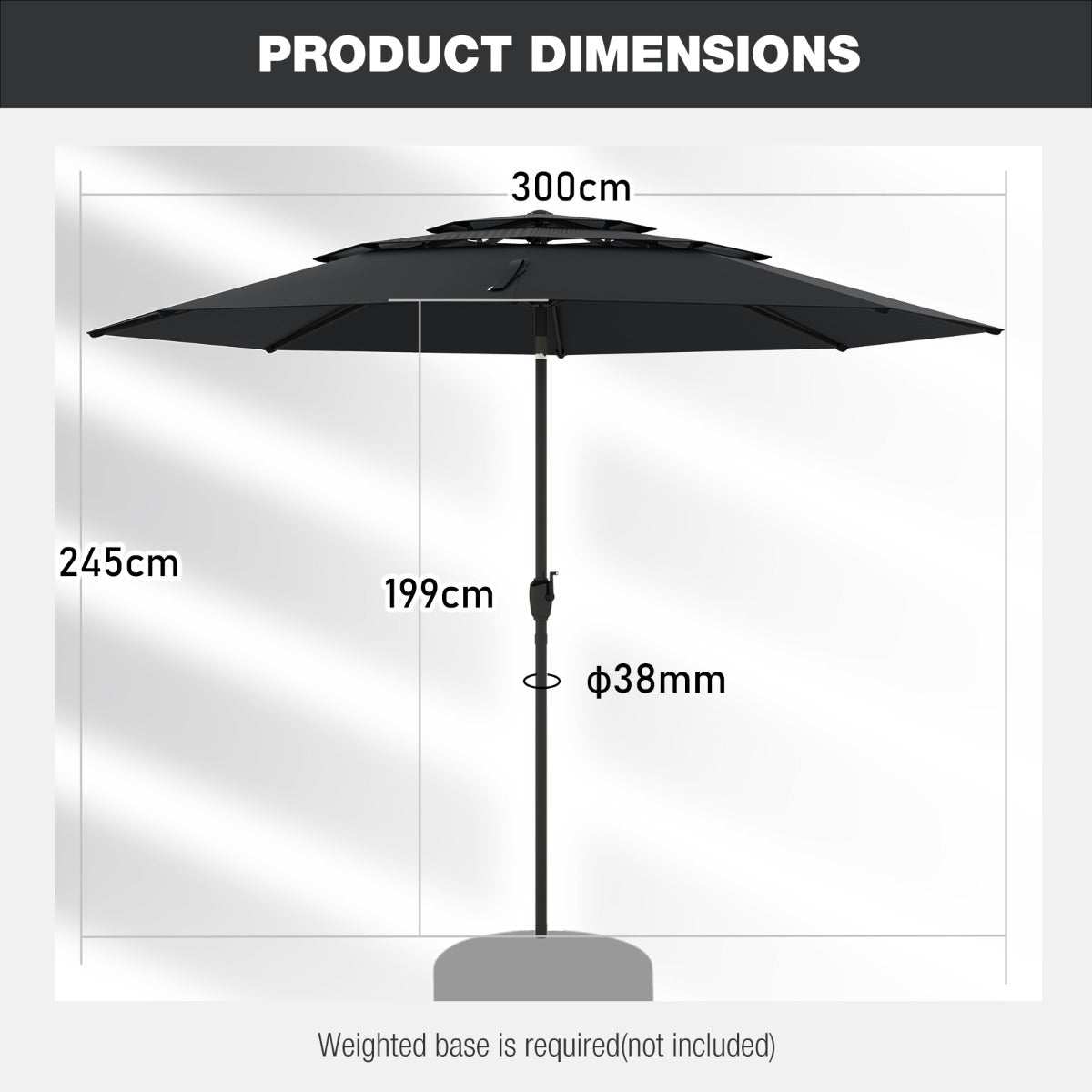 Livsk costway 300 cm grote 3 laagse parasol tafelparasol met kantelmechanisme handslinger 8 stevige ribben zonnescherm voor tuin strand zwart