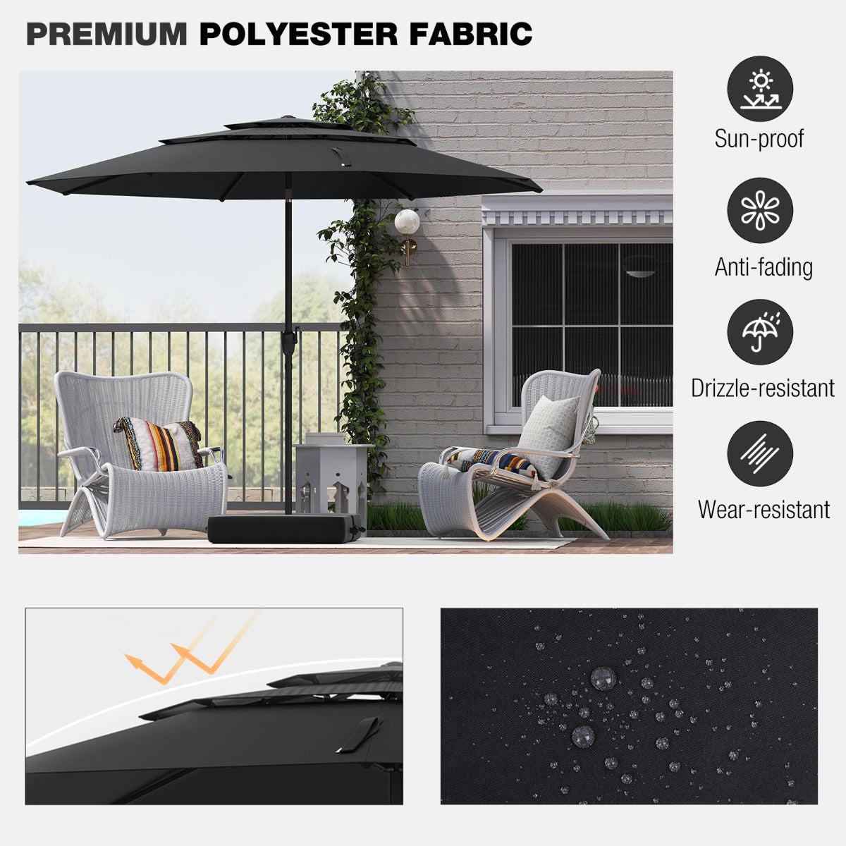 Livsk costway 300 cm grote 3 laagse parasol tafelparasol met kantelmechanisme handslinger 8 stevige ribben zonnescherm voor tuin strand zwart